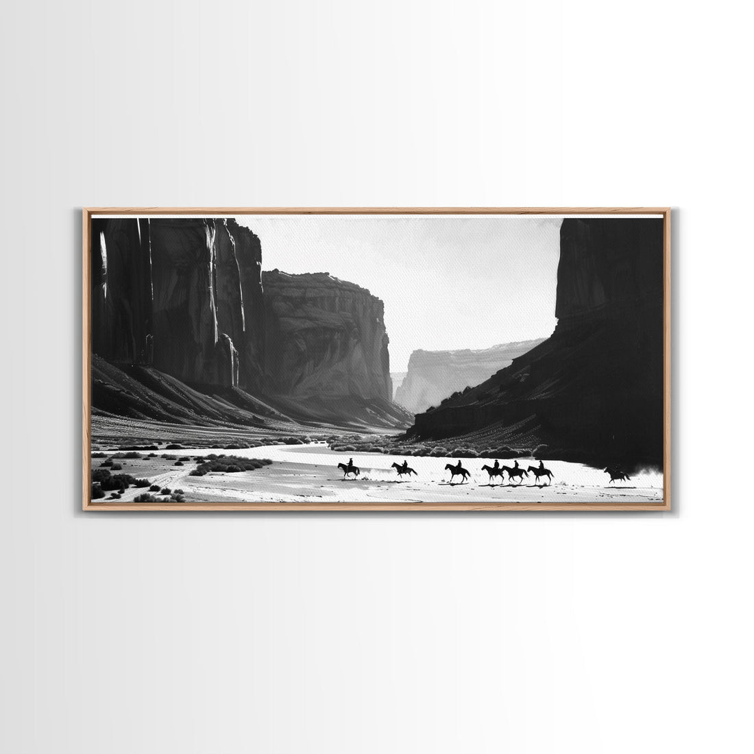 Cowboys Riding Through Canyon – Framed Western Canvas Print