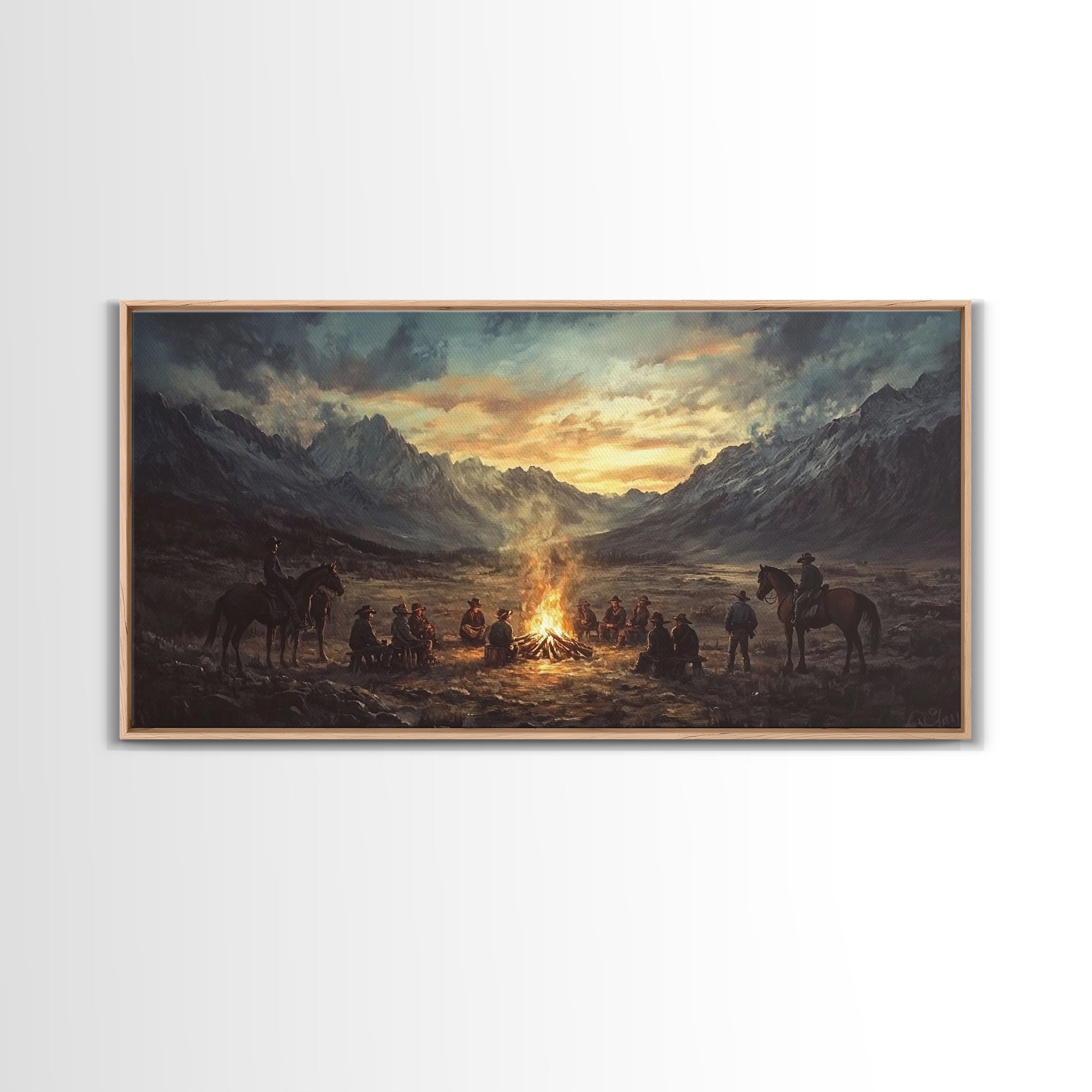 Sunset Cowboys Around Campfire – Framed Western Canvas Print