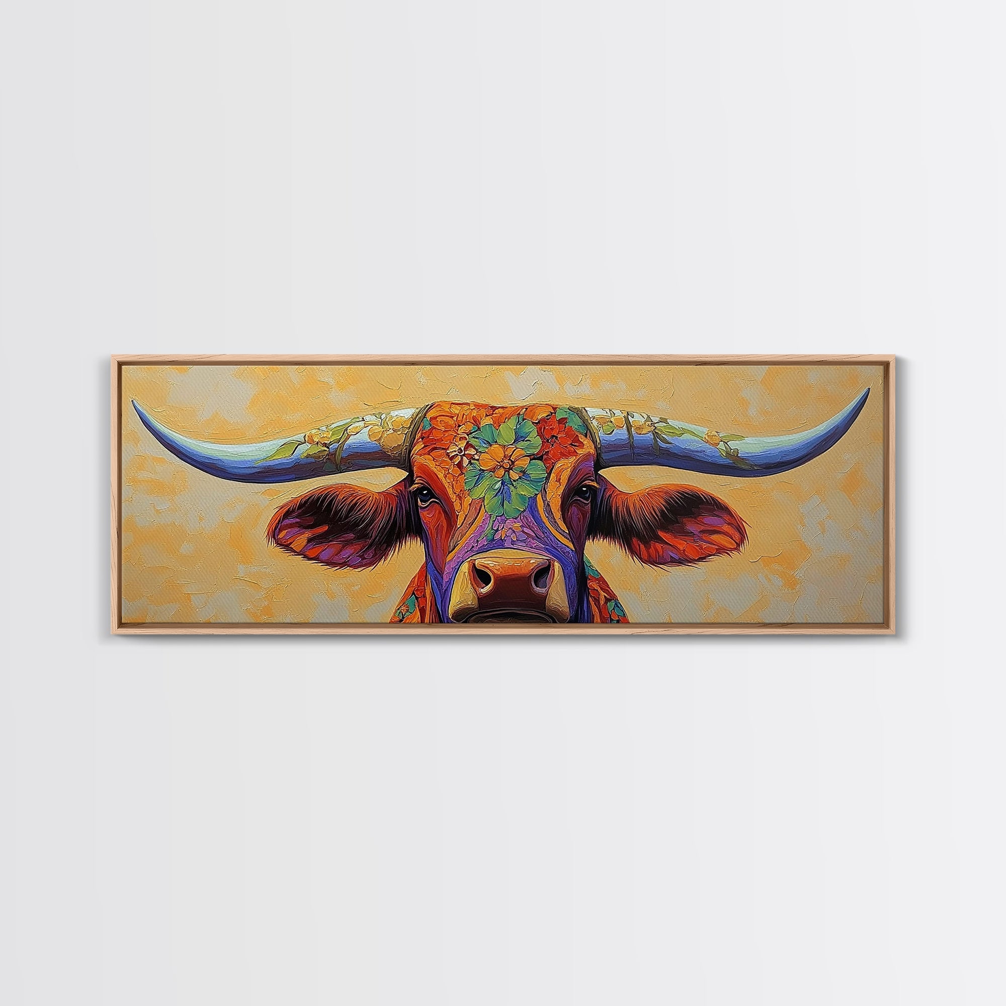 Floral Longhorn Framed Canvas Print – Southwestern Boho Wall Art