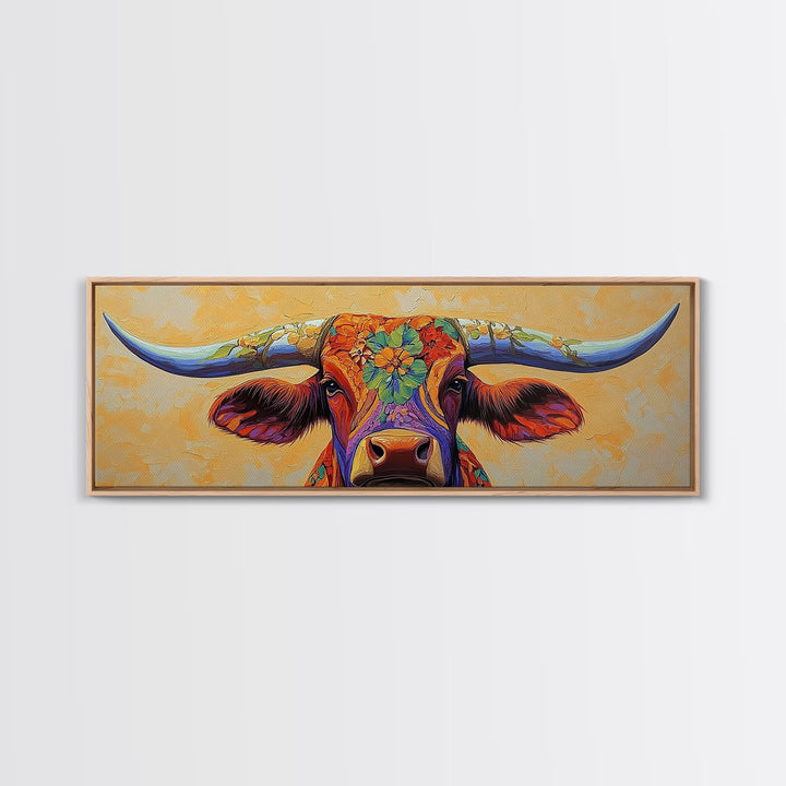 Floral Longhorn Framed Canvas Print – Southwestern Boho Wall Art