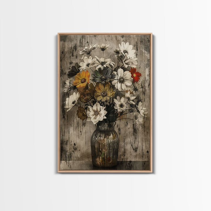 Rustic Metal Vase with Wildflowers – Framed Canvas Print