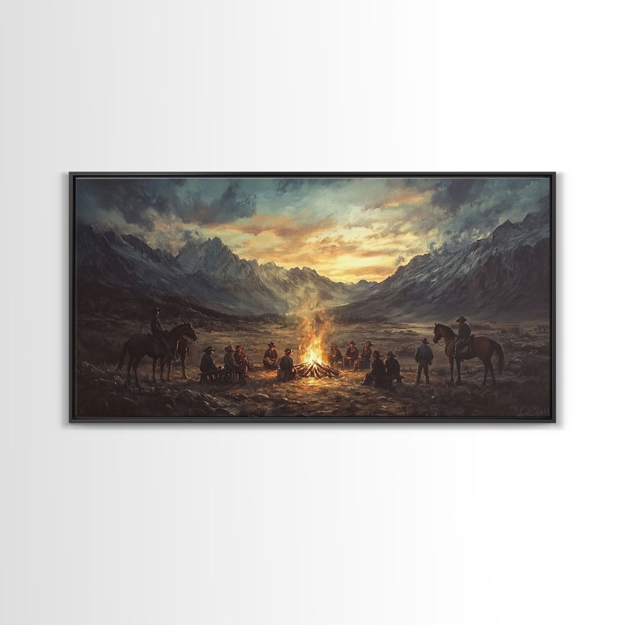 Sunset Cowboys Around Campfire – Framed Western Canvas Print