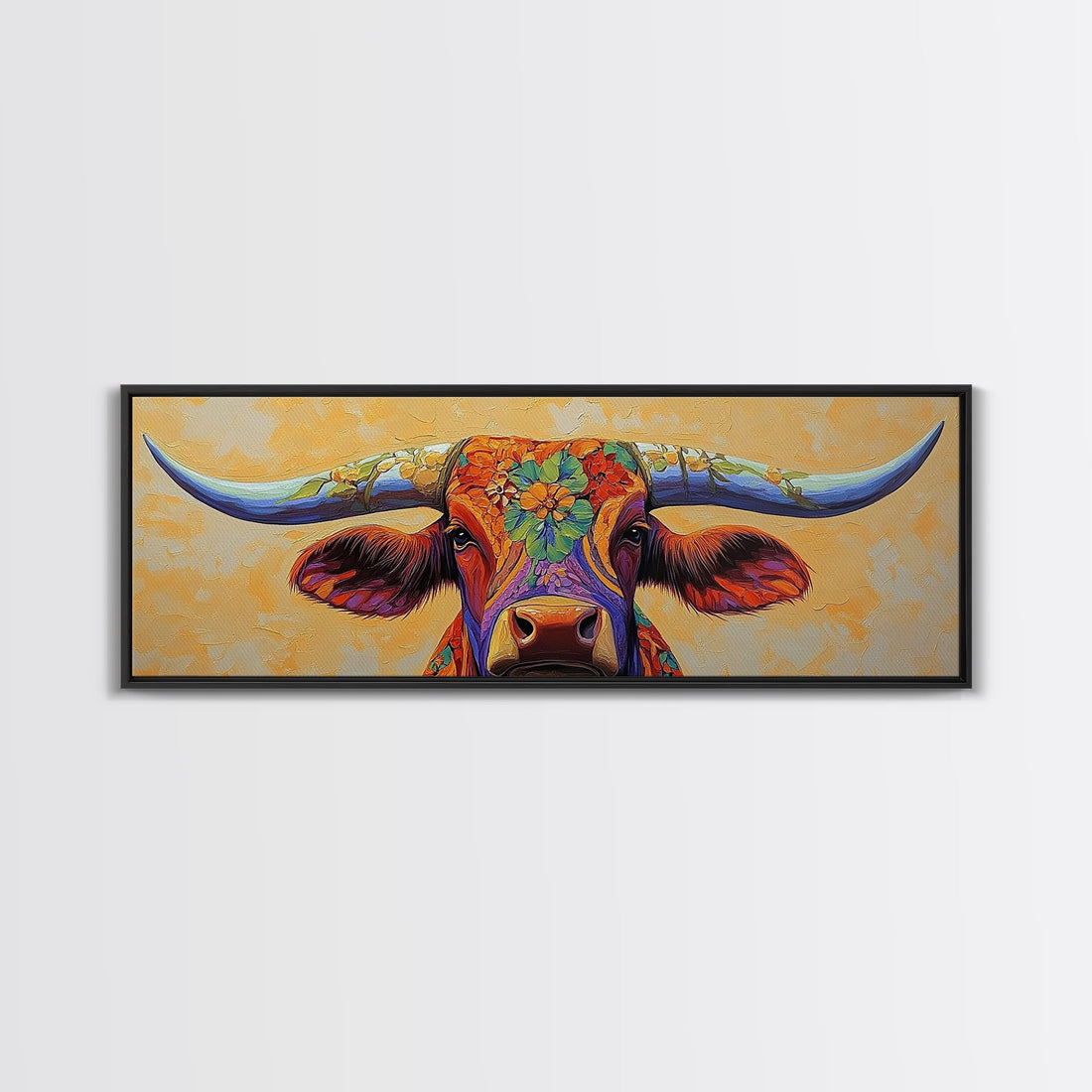 Floral Longhorn Framed Canvas Print – Southwestern Boho Wall Art