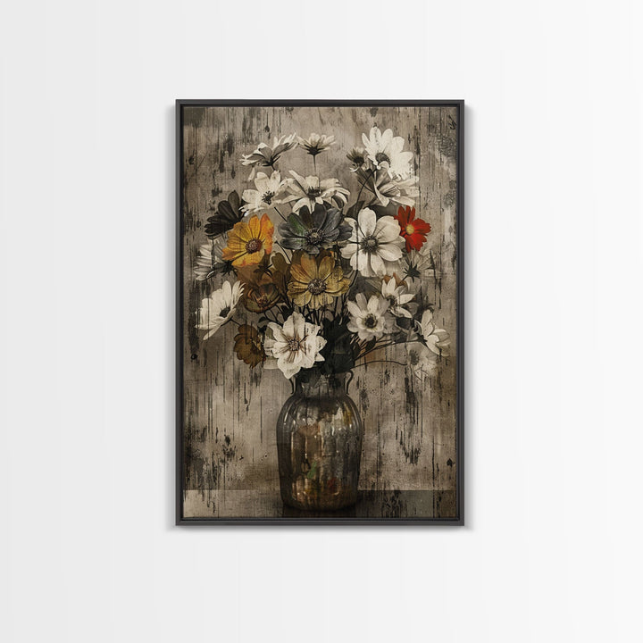 Rustic Metal Vase with Wildflowers – Framed Canvas Print