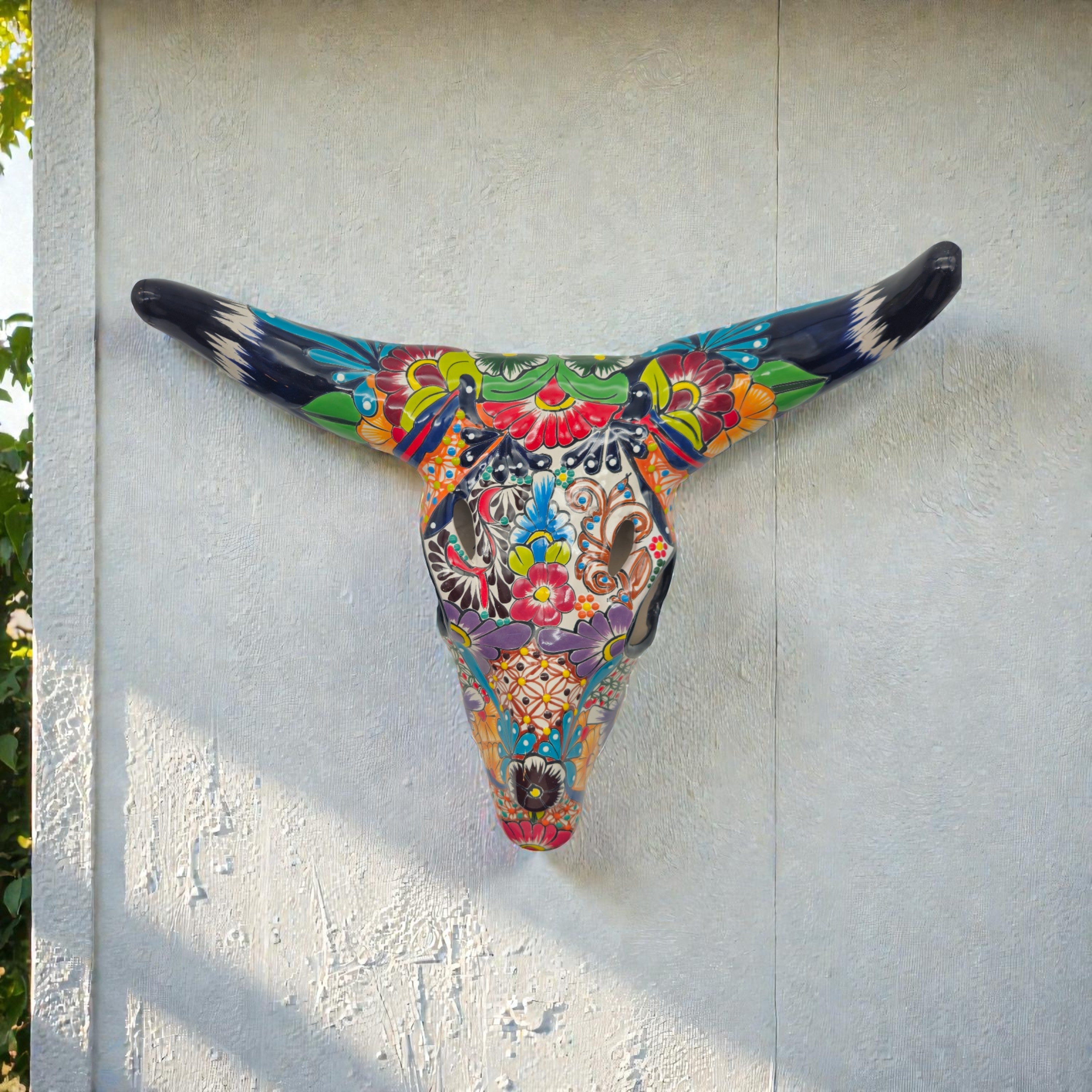 Colorful Talavera Bull Skull – Mexican Wall Art Decor