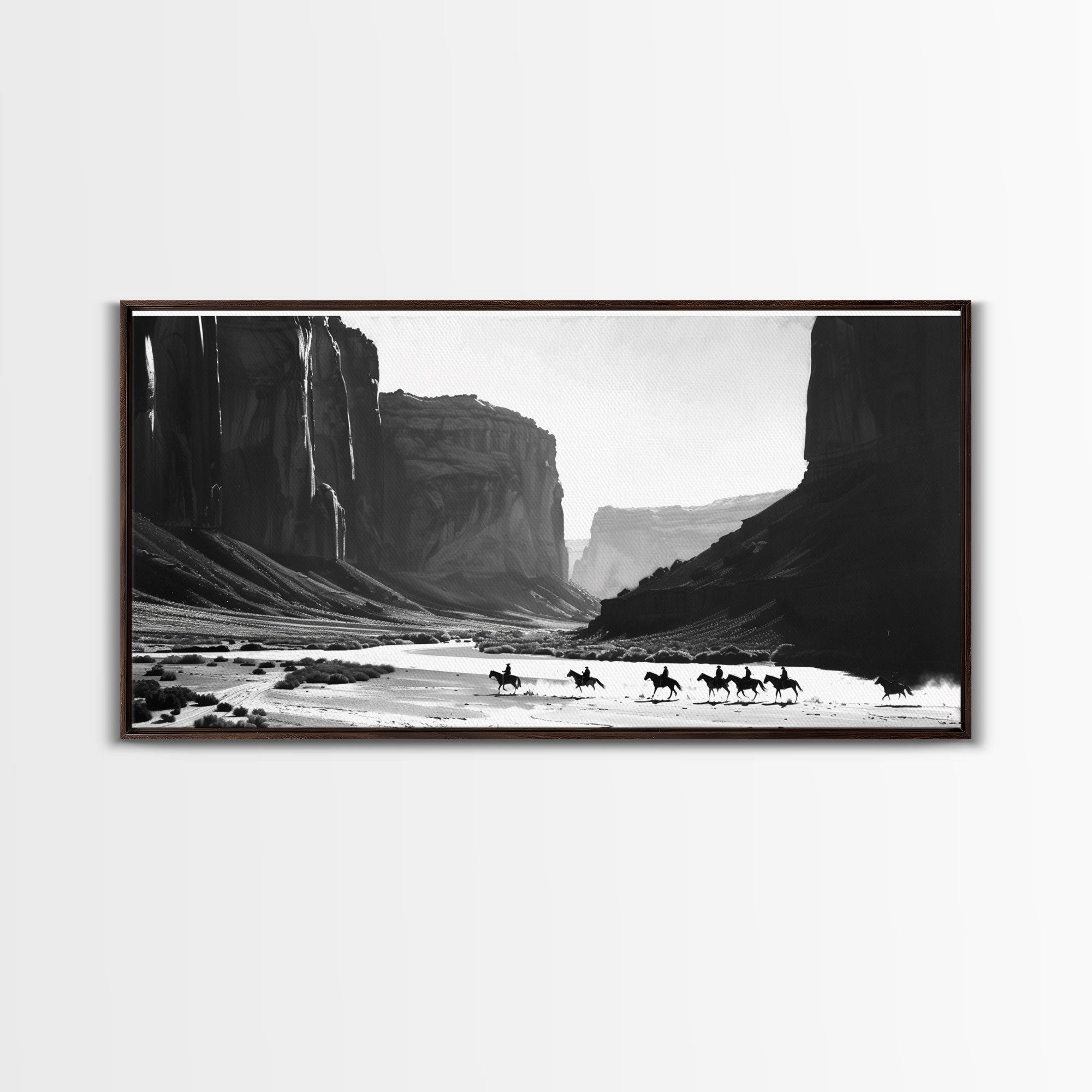 Cowboys Riding Through Canyon – Framed Western Canvas Print