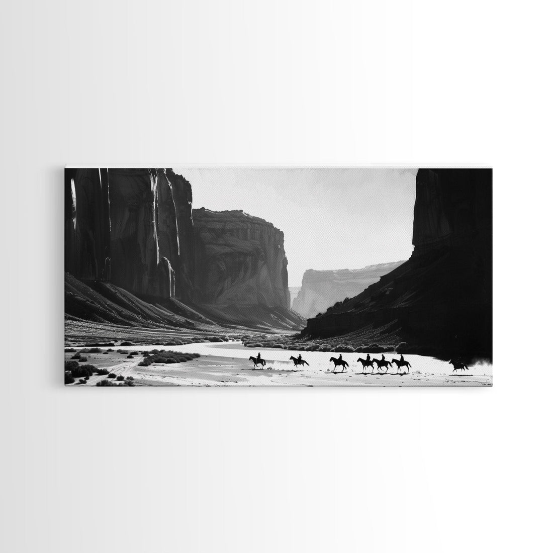 Cowboys Riding Through Canyon – Framed Western Canvas Print