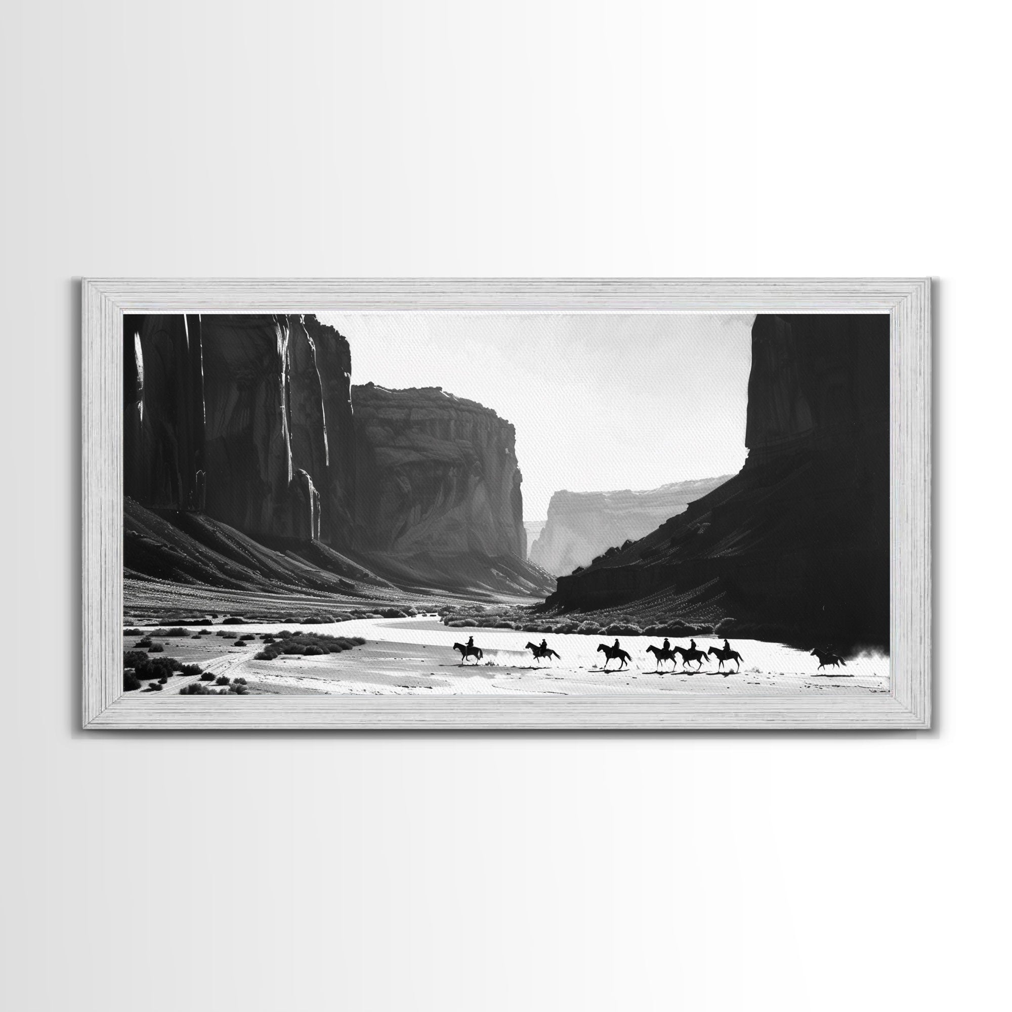 Cowboys Riding Through Canyon – Framed Western Canvas Print