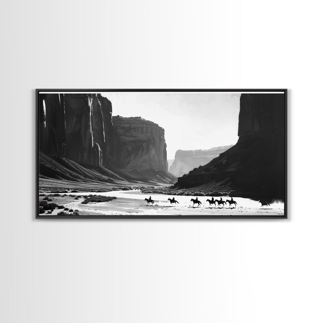 Cowboys Riding Through Canyon – Framed Western Canvas Print