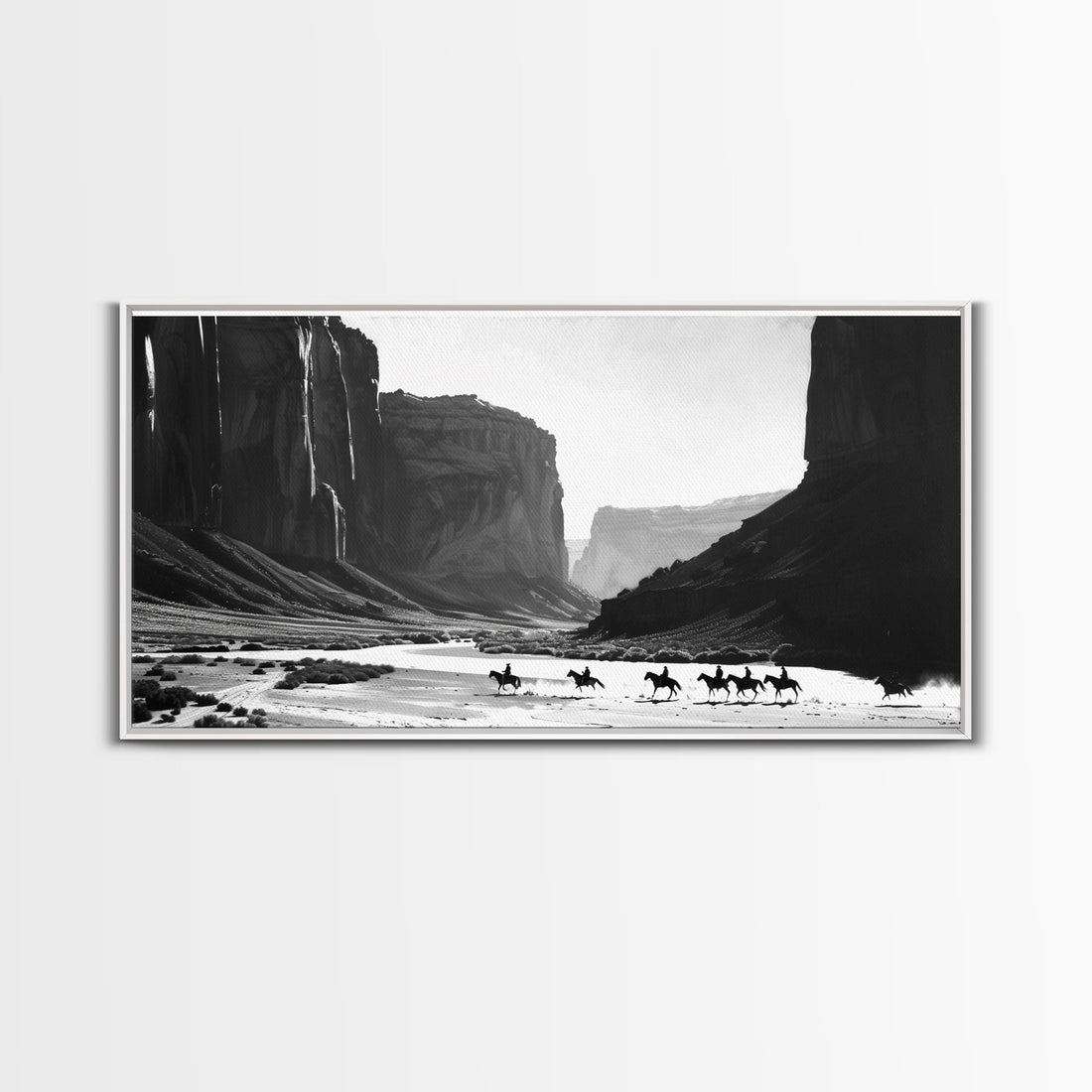 Cowboys Riding Through Canyon – Framed Western Canvas Print