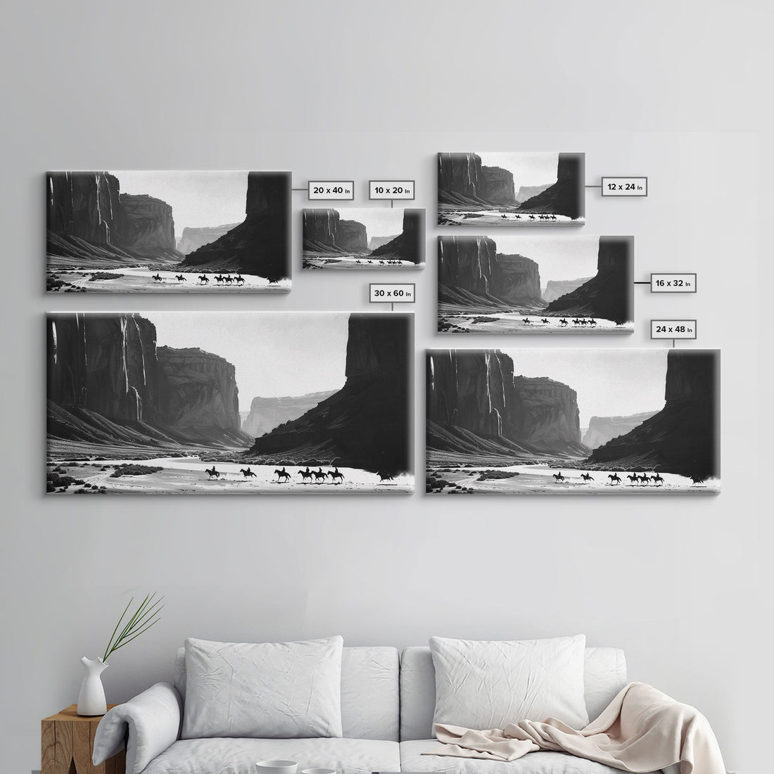 Cowboys Riding Through Canyon – Framed Western Canvas Print