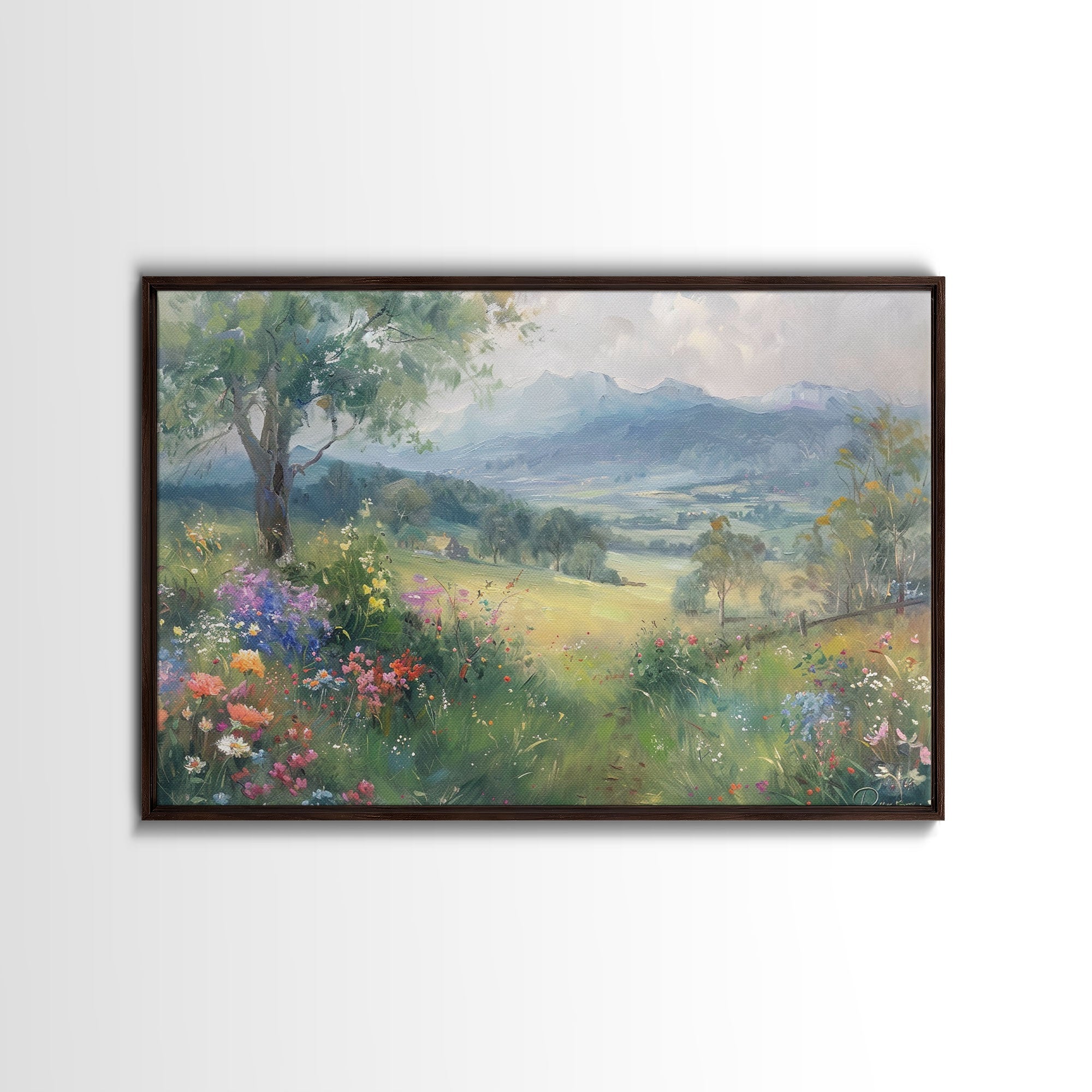 Spring Wildflower Field Painting Large Wall Art Print, Framed Canvas