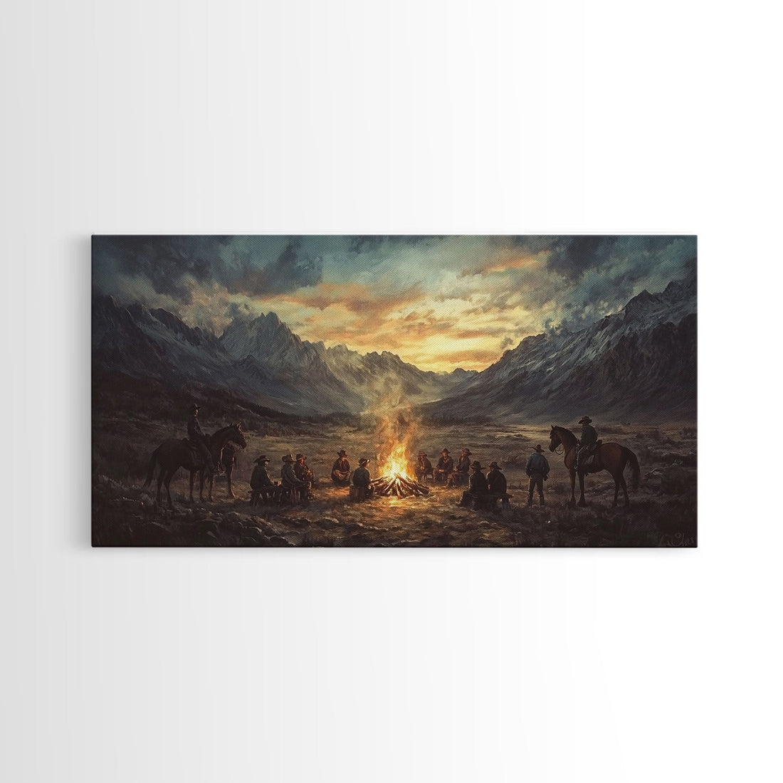 Sunset Cowboys Around Campfire – Framed Western Canvas Print