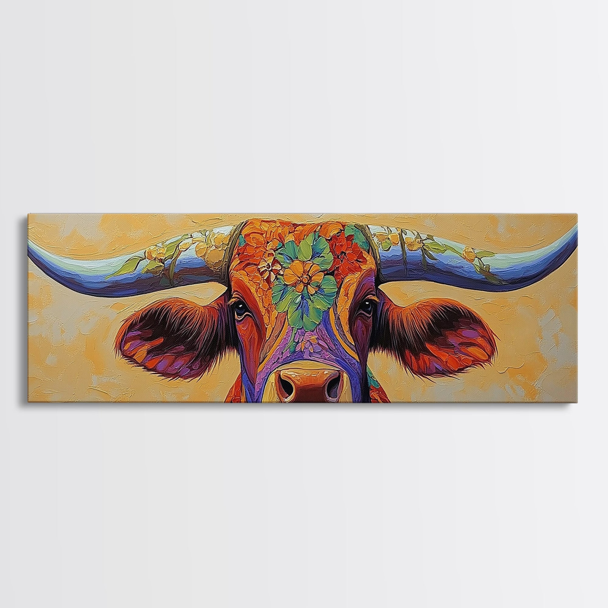 Floral Longhorn Framed Canvas Print – Southwestern Boho Wall Art