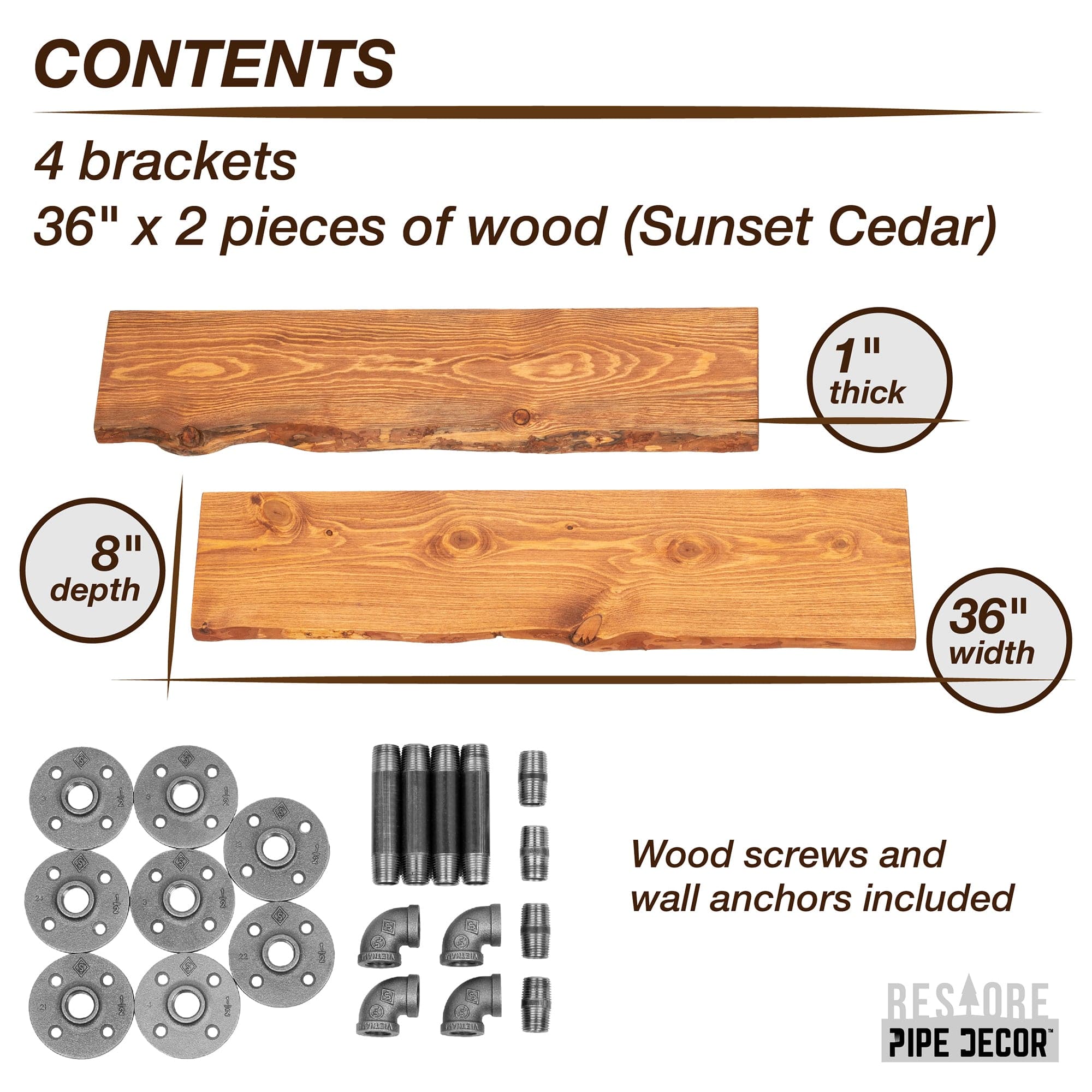 36” Sunset Cedar Live Edge Wood Shelf – L-Brackets (2-Pack)