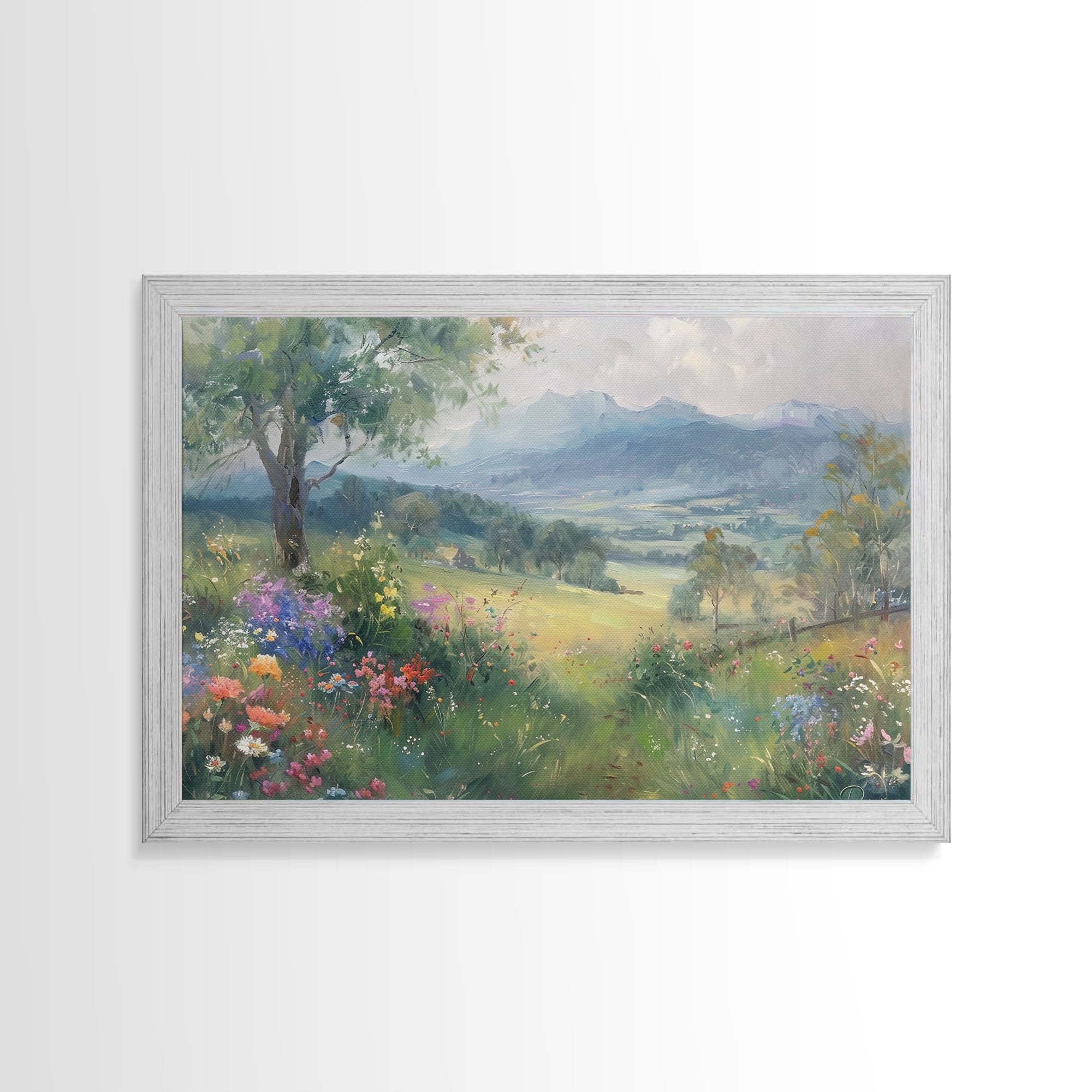 Spring Wildflower Field Painting Large Wall Art Print, Framed Canvas