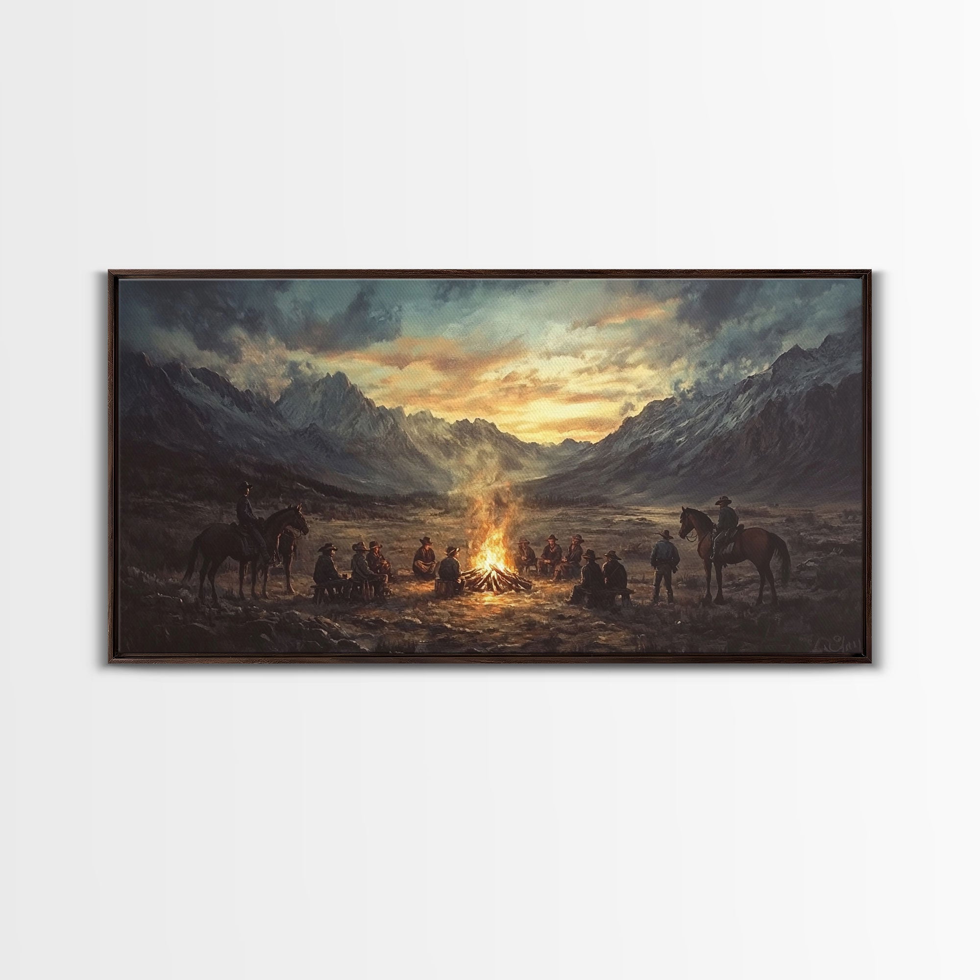Sunset Cowboys Around Campfire – Framed Western Canvas Print