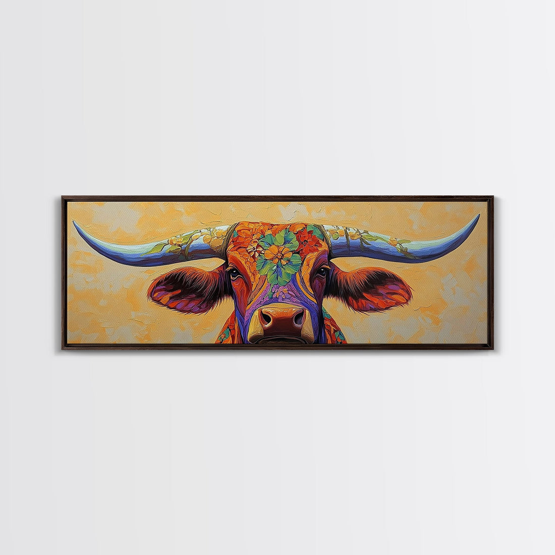 Floral Longhorn Framed Canvas Print – Southwestern Boho Wall Art
