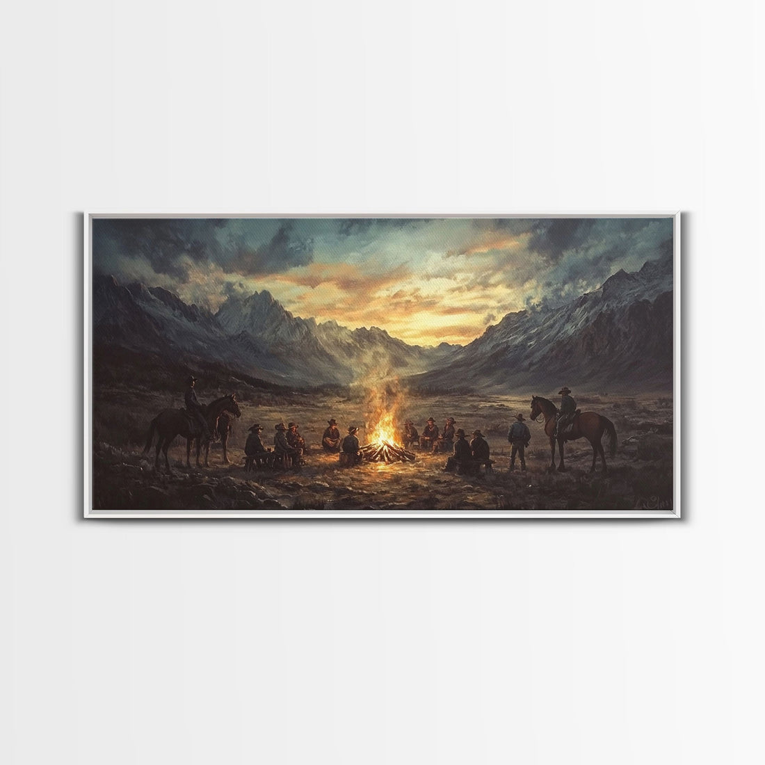 Sunset Cowboys Around Campfire – Framed Western Canvas Print