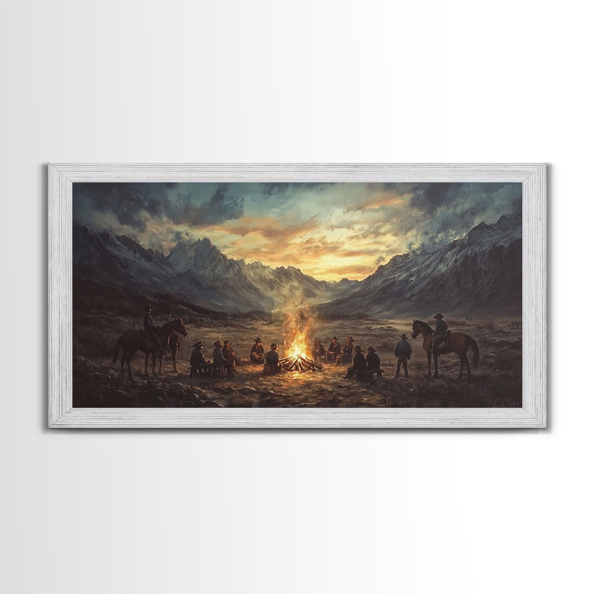 Sunset Cowboys Around Campfire – Framed Western Canvas Print