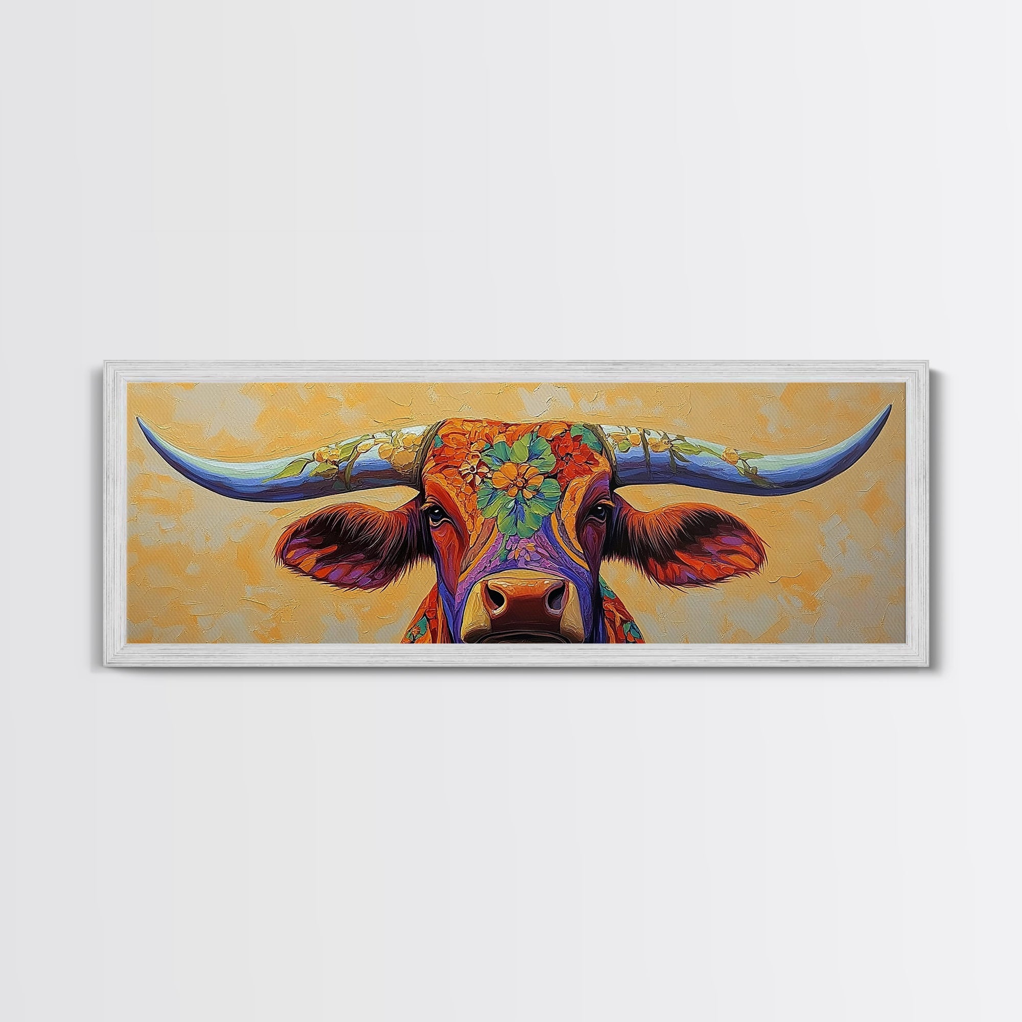 Floral Longhorn Framed Canvas Print – Southwestern Boho Wall Art