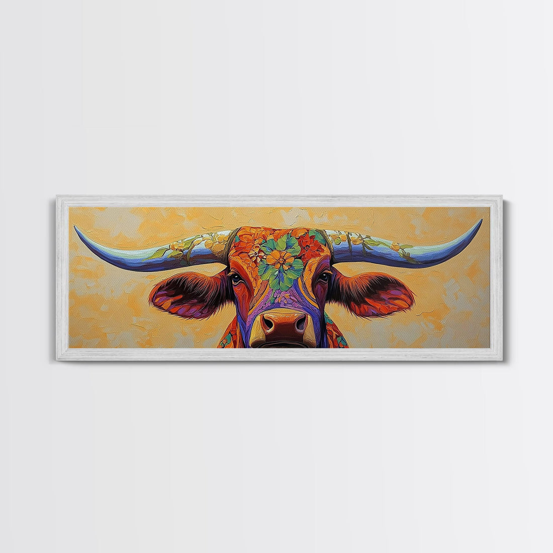 Floral Longhorn Framed Canvas Print – Southwestern Boho Wall Art