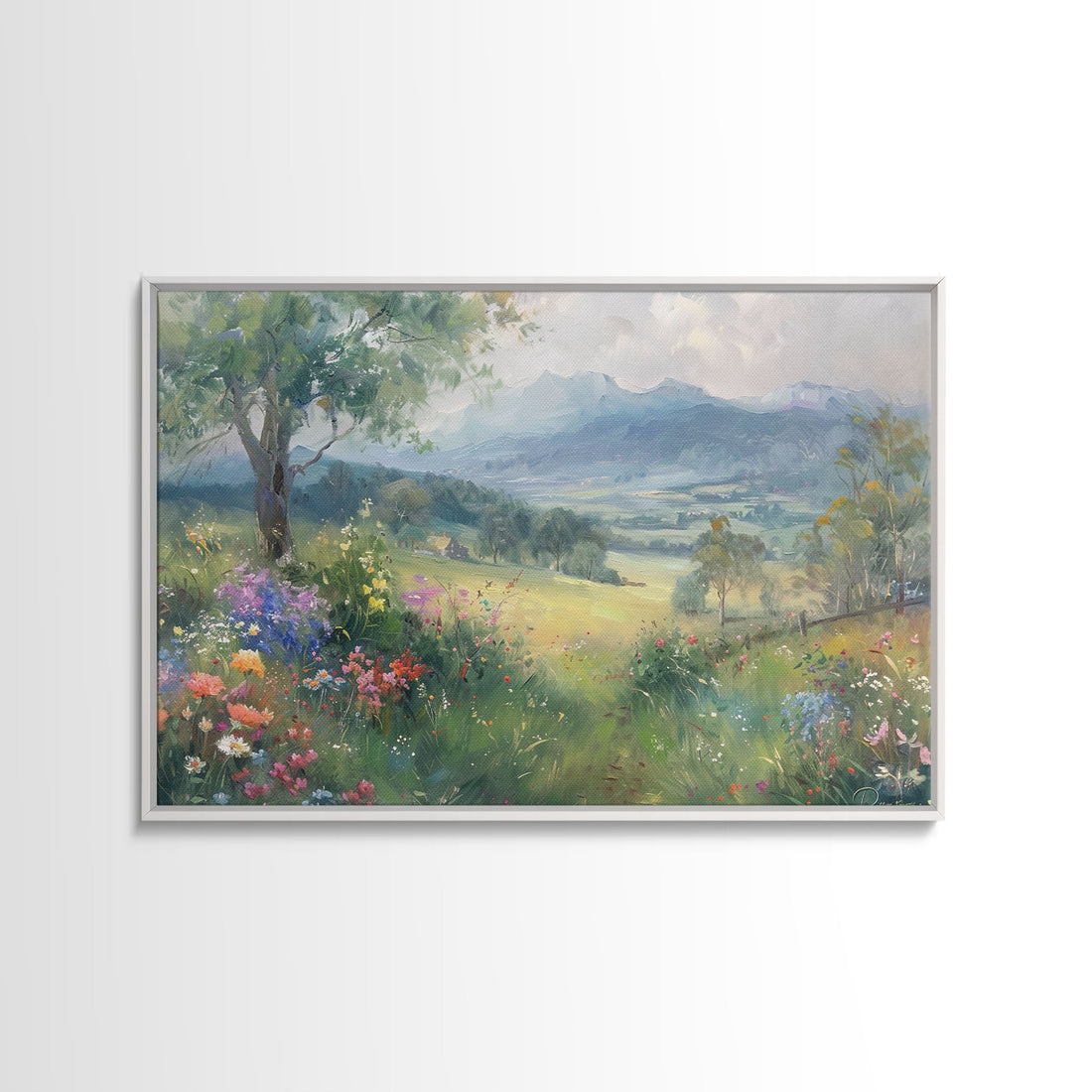 Spring Wildflower Field Painting Large Wall Art Print, Framed Canvas