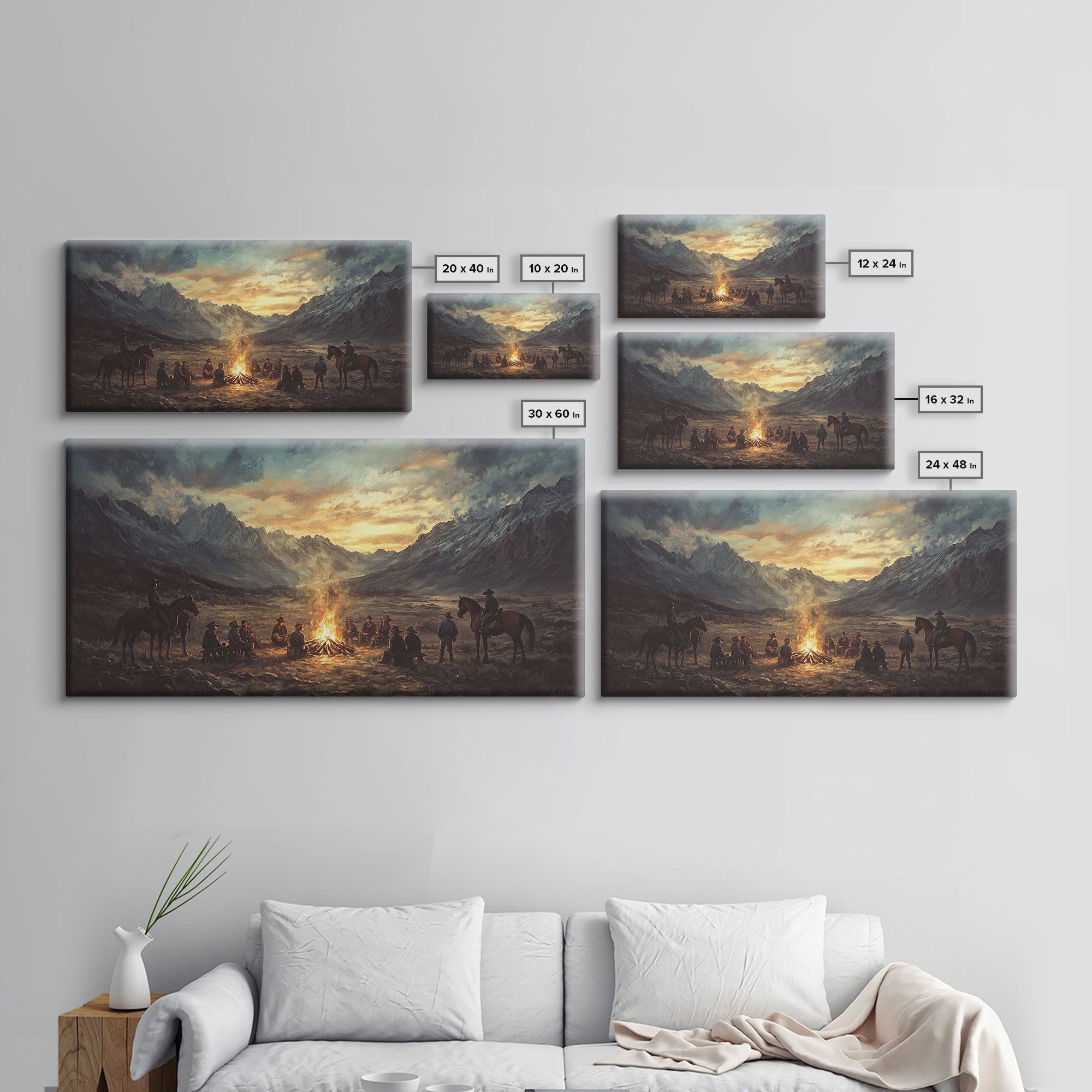 Sunset Cowboys Around Campfire – Framed Western Canvas Print
