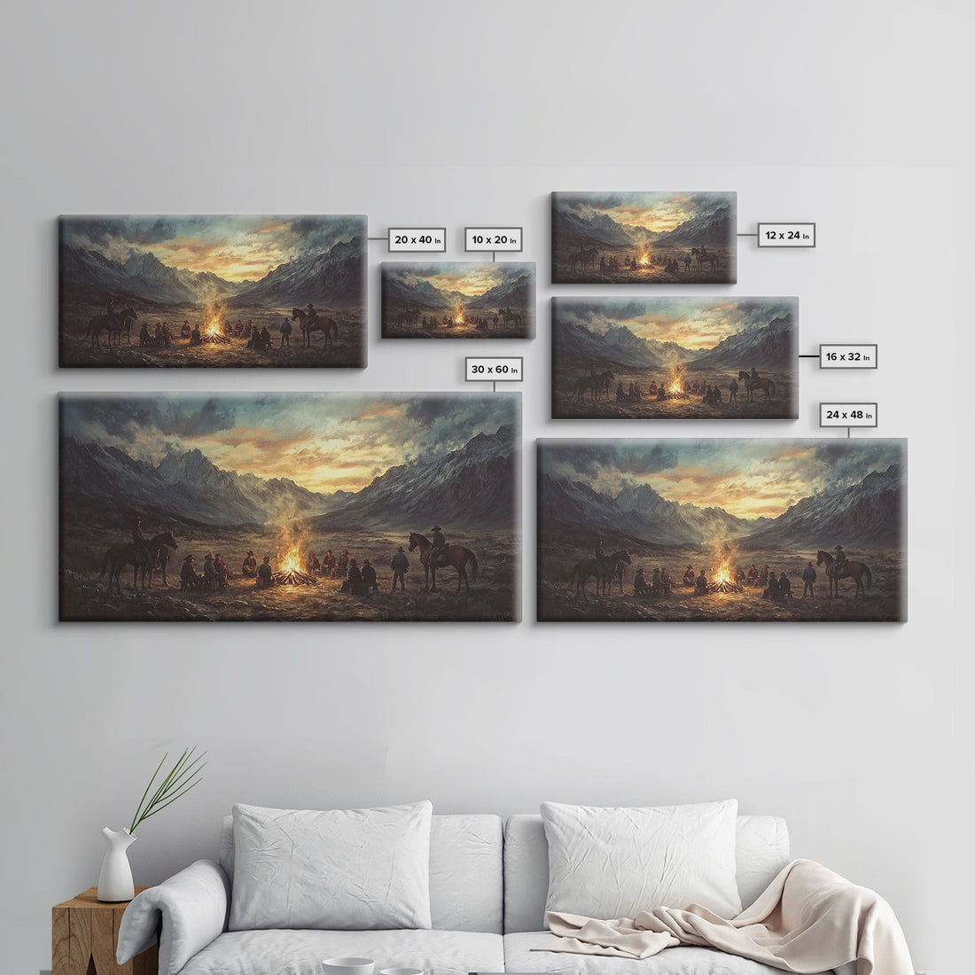 Sunset Cowboys Around Campfire – Framed Western Canvas Print