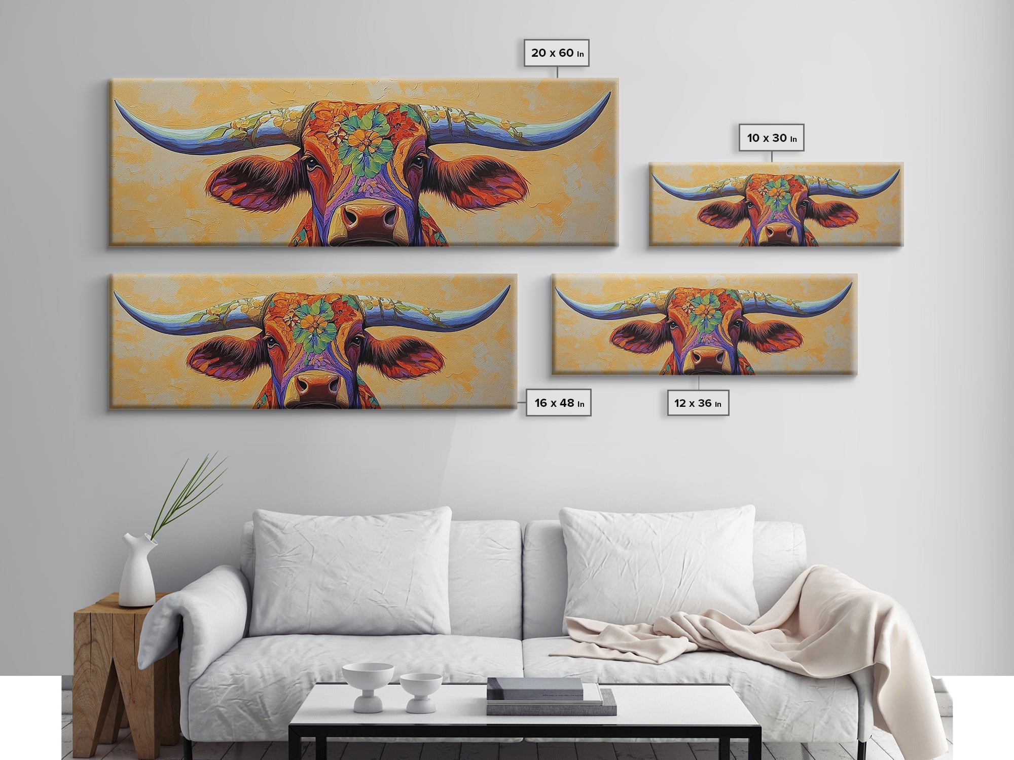 Floral Longhorn Framed Canvas Print – Southwestern Boho Wall Art