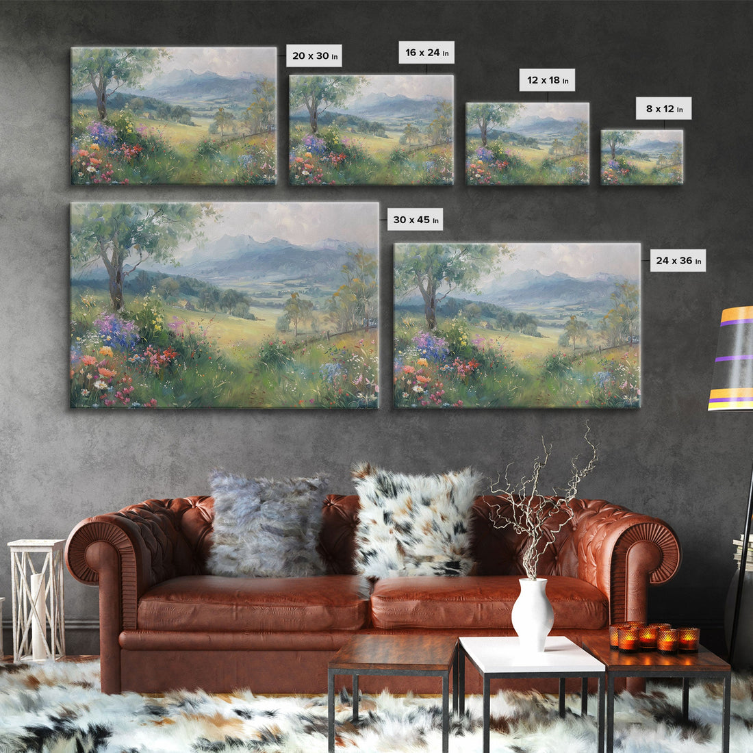 Spring Wildflower Field Painting Large Wall Art Print, Framed Canvas