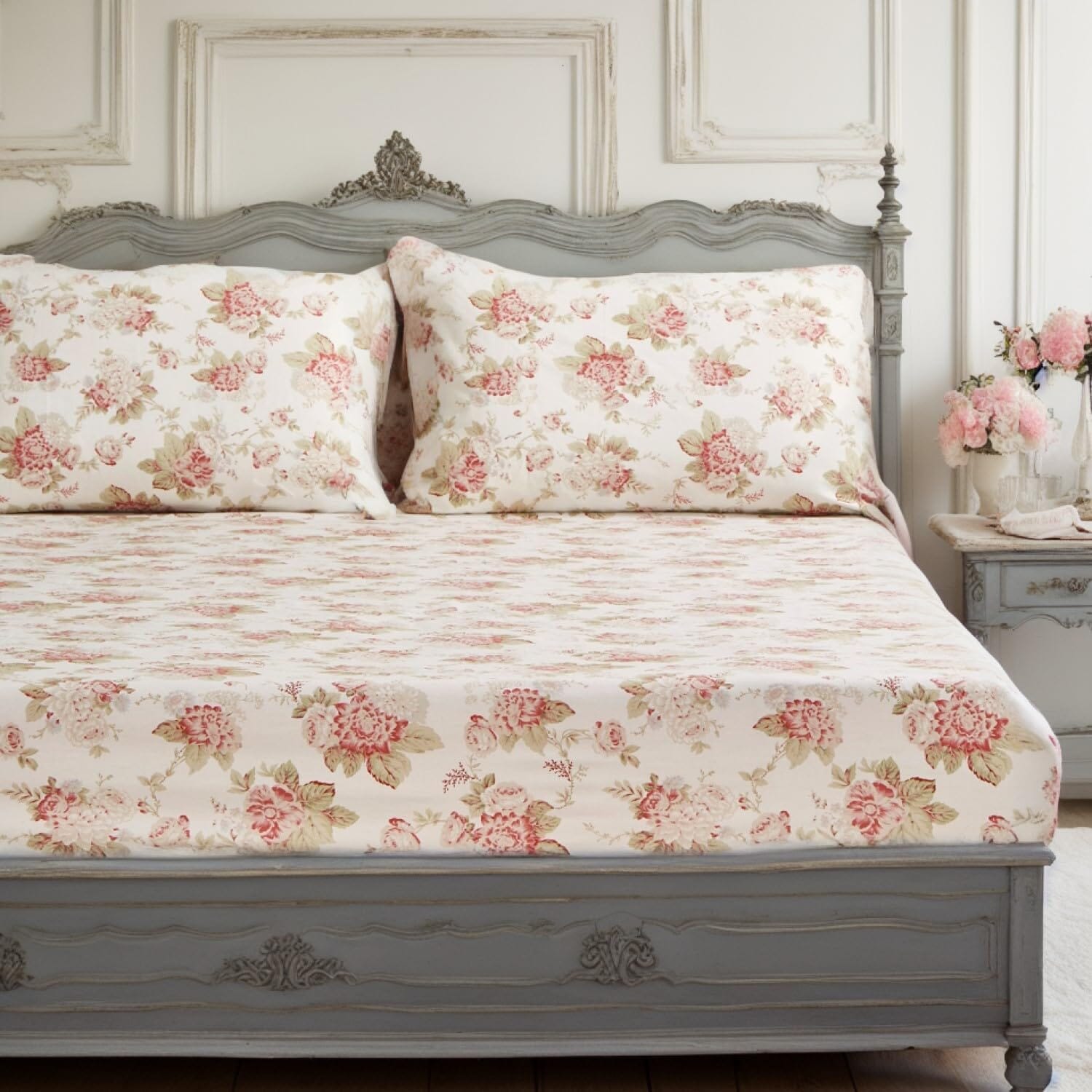 Hint of Mint Cottage Floral Cotton Fitted Sheet Set (3036)