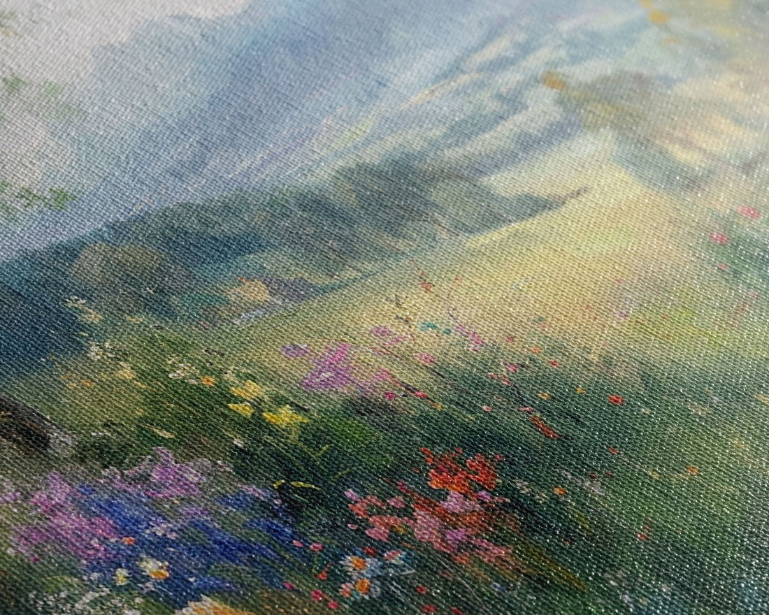 Spring Wildflower Field Painting Large Wall Art Print, Framed Canvas