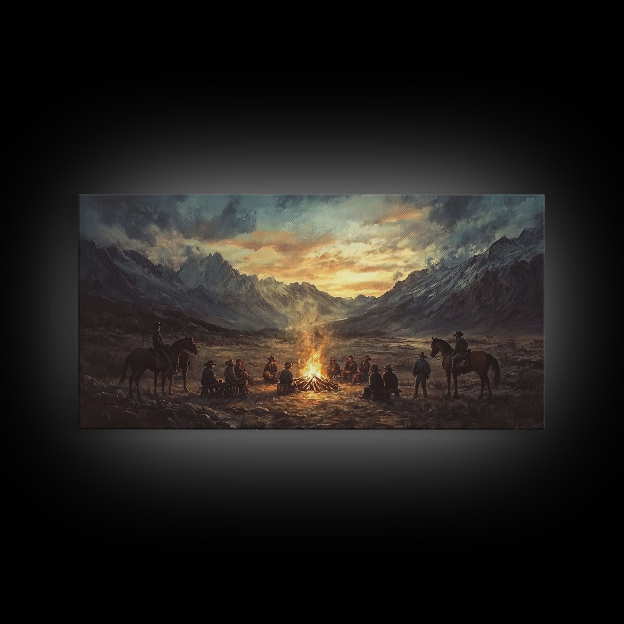 Sunset Cowboys Around Campfire – Framed Western Canvas Print