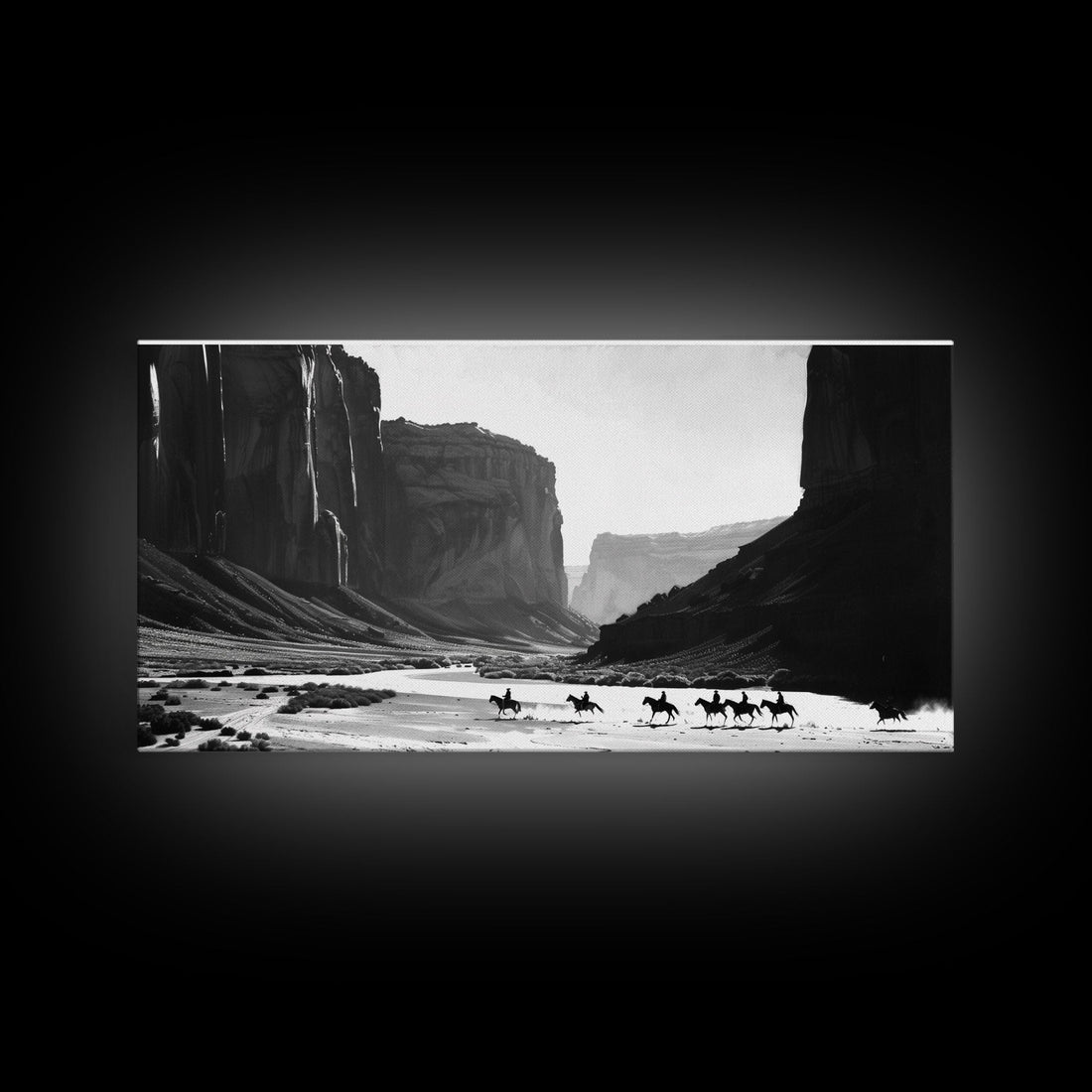 Cowboys Riding Through Canyon – Framed Western Canvas Print