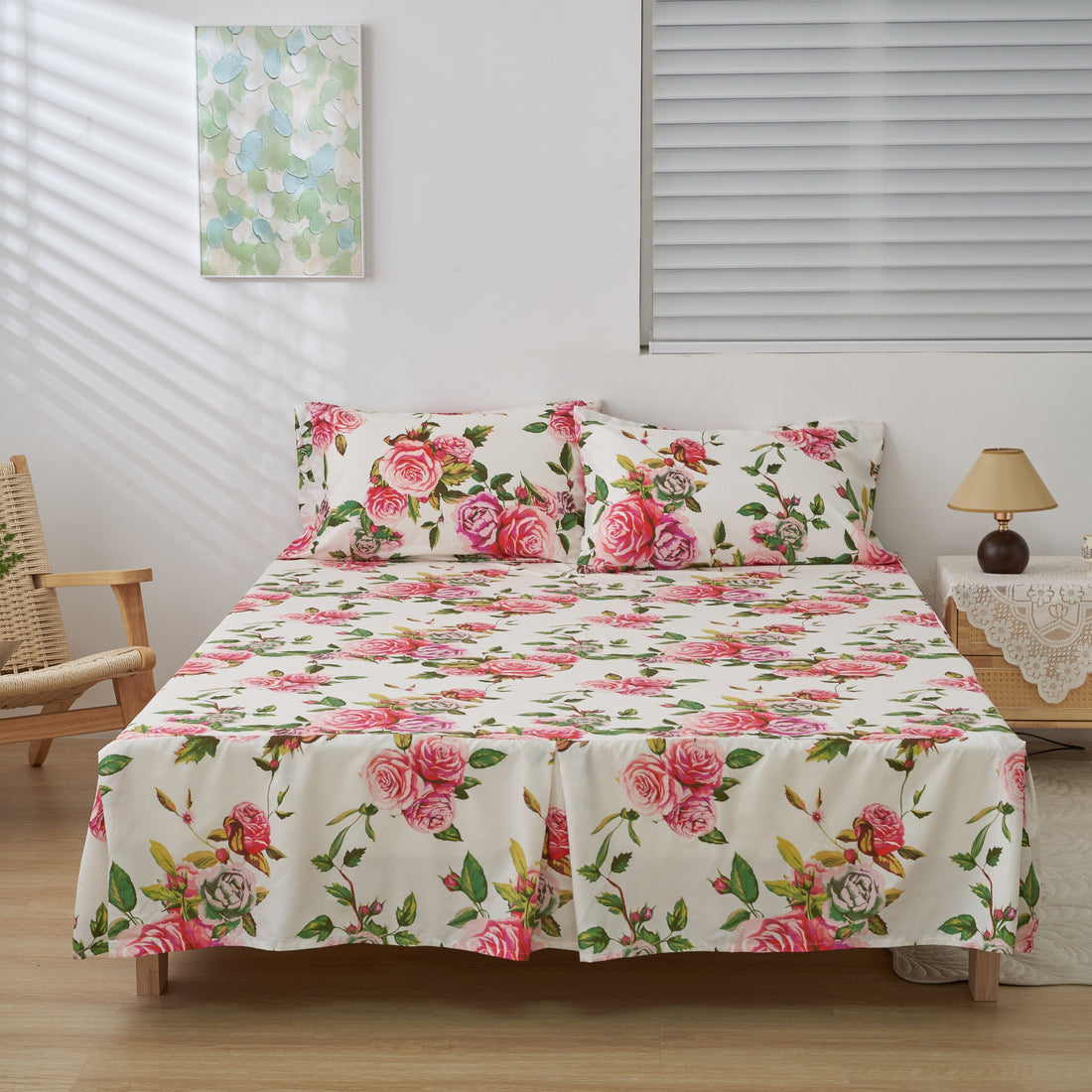 Romantic Roses Floral Bed Skirt – Pink & White Ruffled