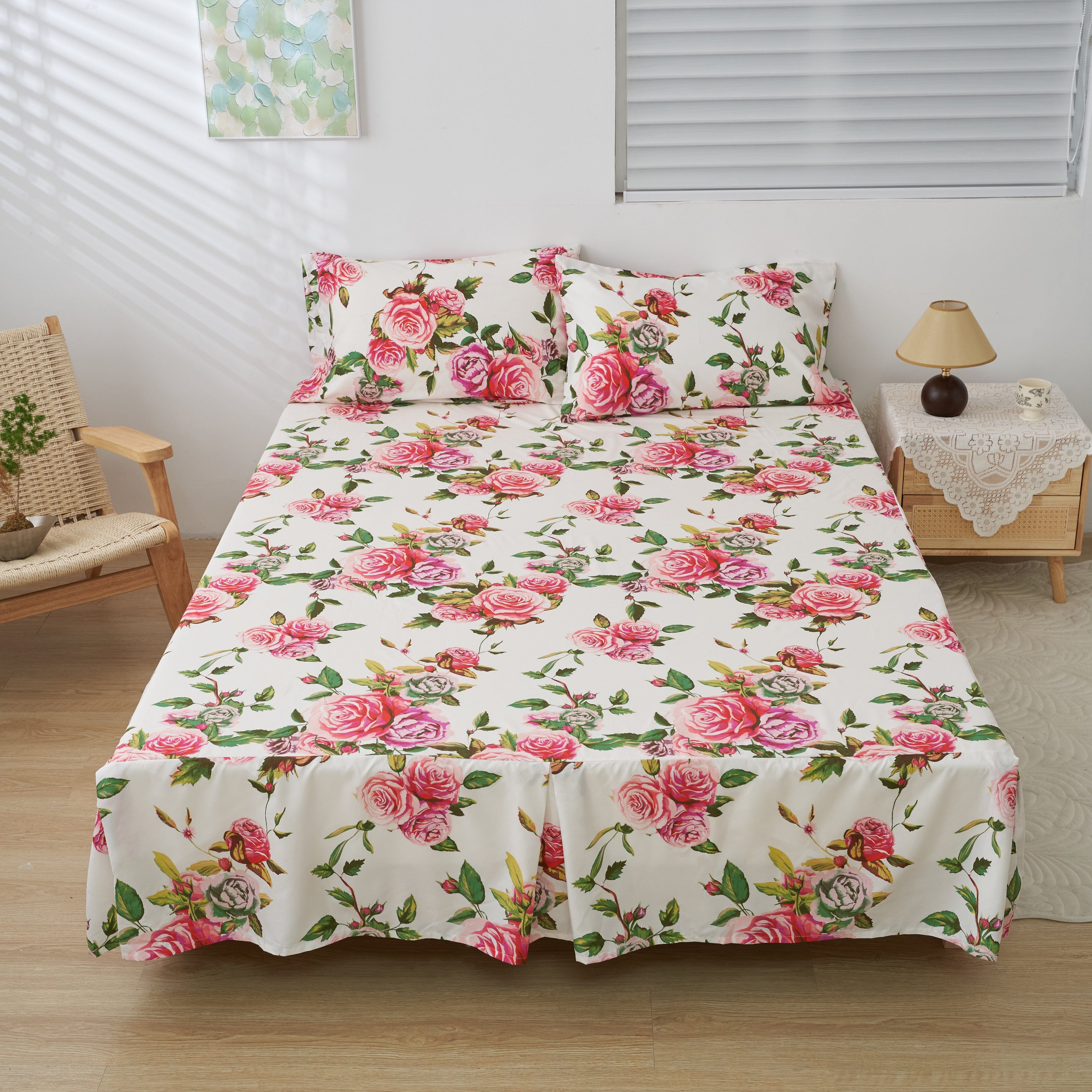 Romantic Roses Floral Bed Skirt – Pink & White Ruffled