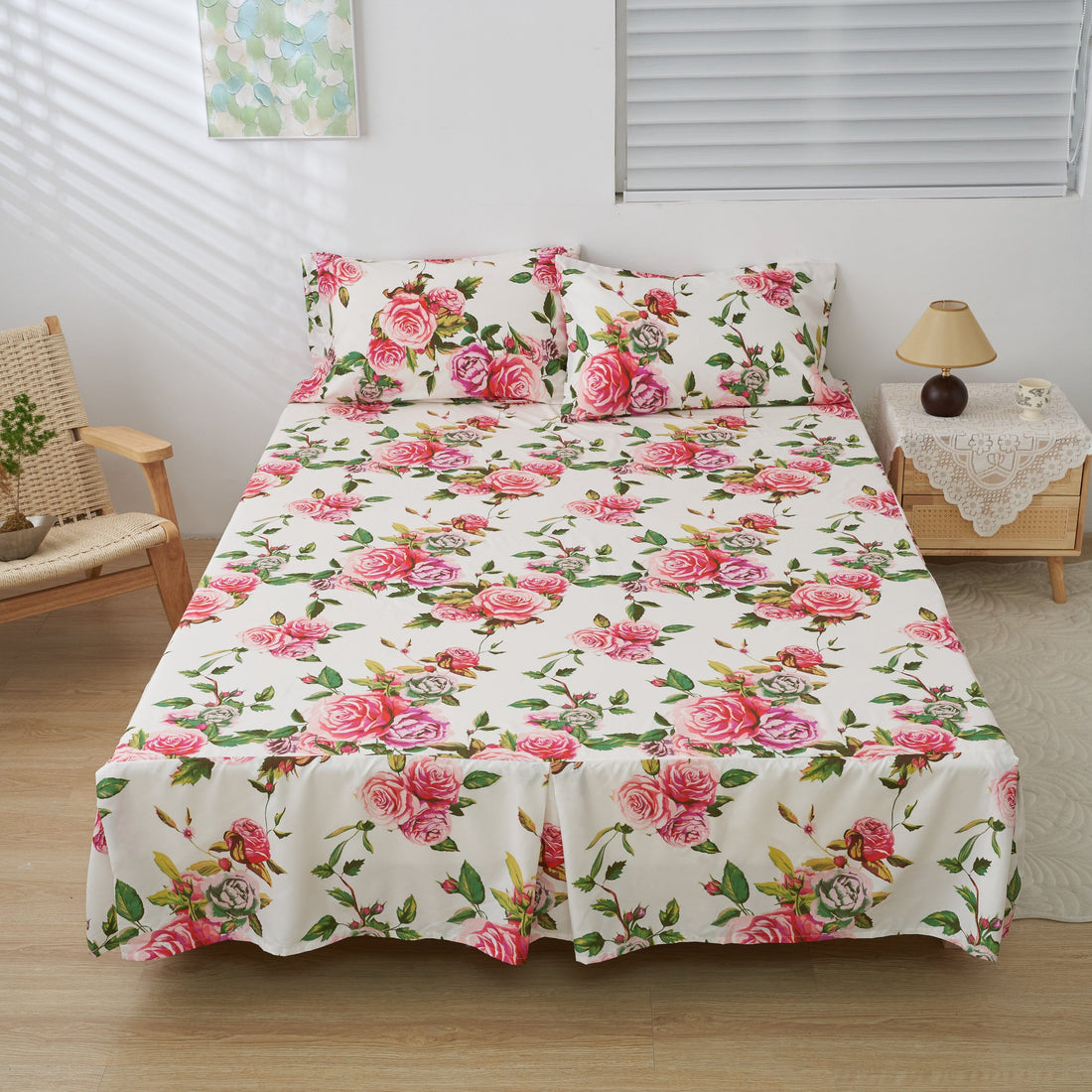 Romantic Roses Floral Bed Skirt – Pink & White Ruffled