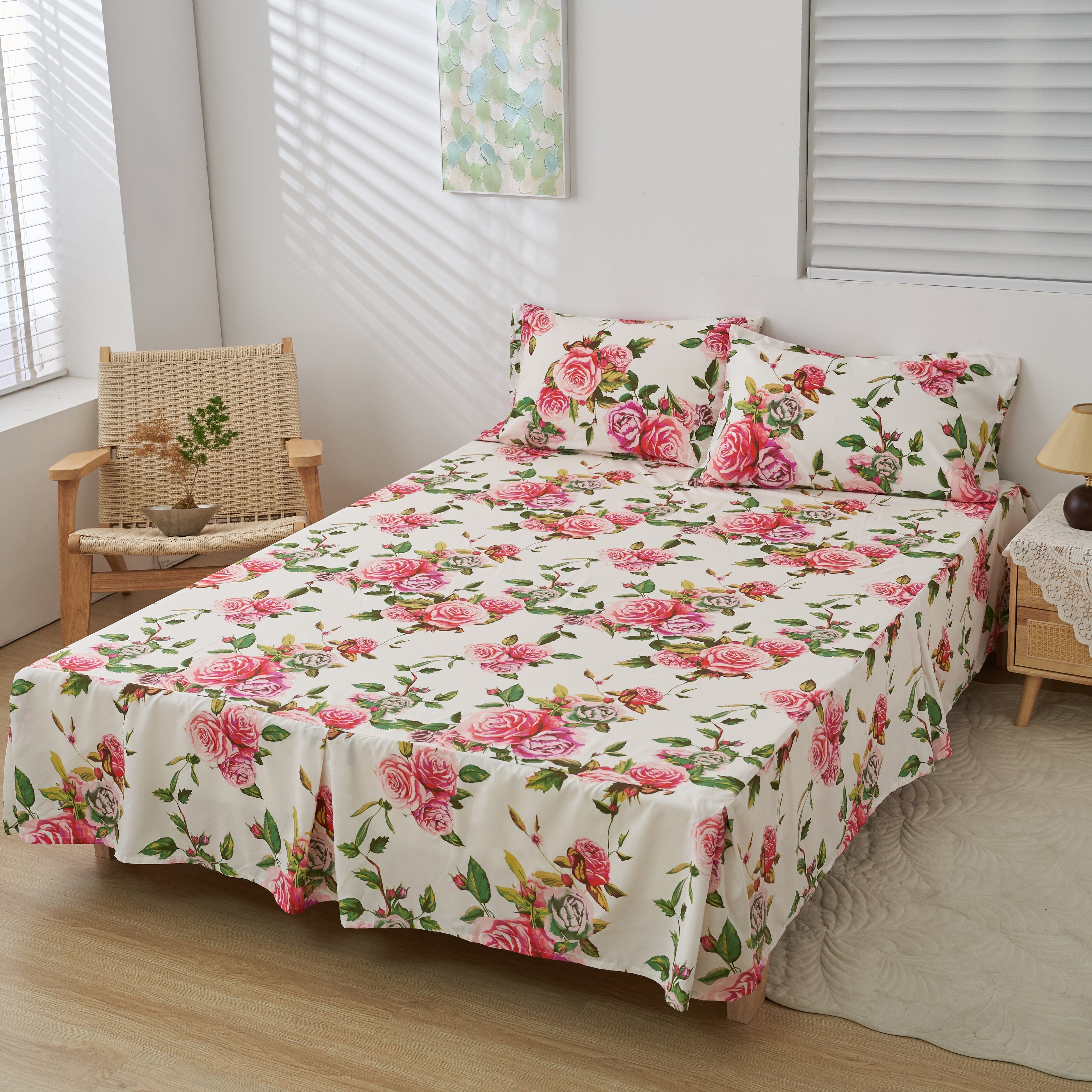 Romantic Roses Floral Bed Skirt – Pink & White Ruffled