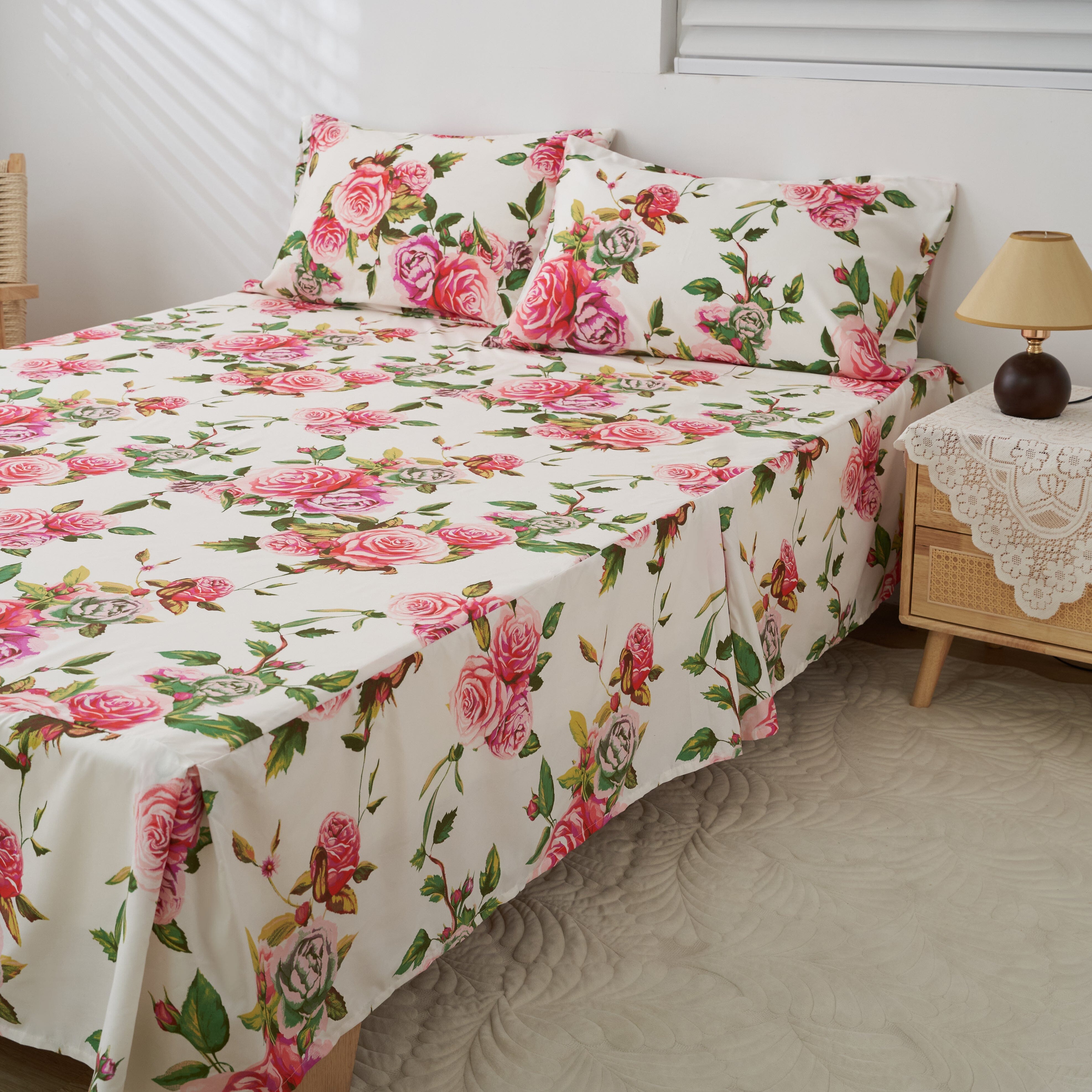 Romantic Roses Floral Bed Skirt – Pink & White Ruffled