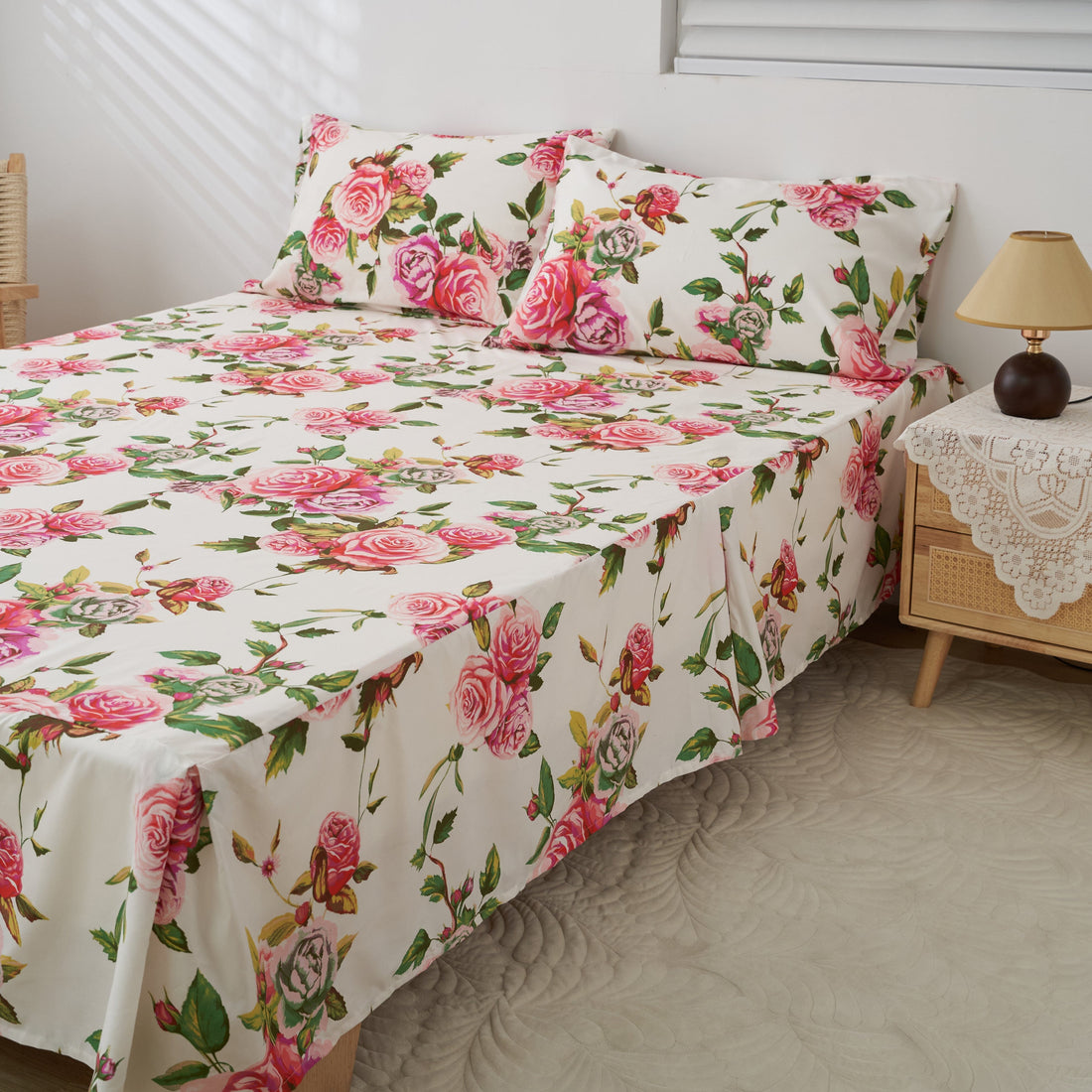 Romantic Roses Floral Bed Skirt – Pink & White Ruffled