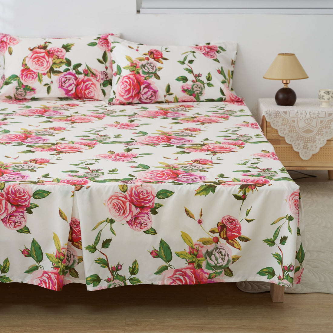 Romantic Roses Floral Bed Skirt – Pink & White Ruffled