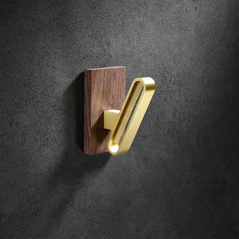 DecorBites™ Brass Brushed Gold Wall Hook for Bathroom and Kitchen with Wood Accent