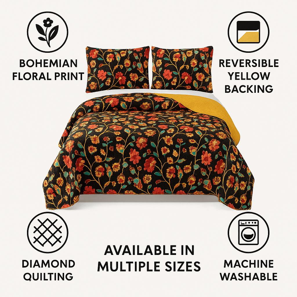 Marigold’s Floral Brown & Yellow Quilted Bedspread Set (HS-3330)