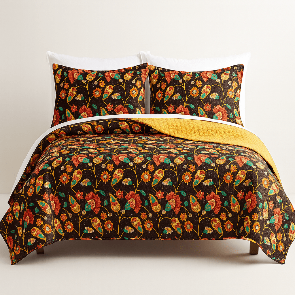 Marigold’s Floral Brown & Yellow Quilted Bedspread Set (HS-3330)