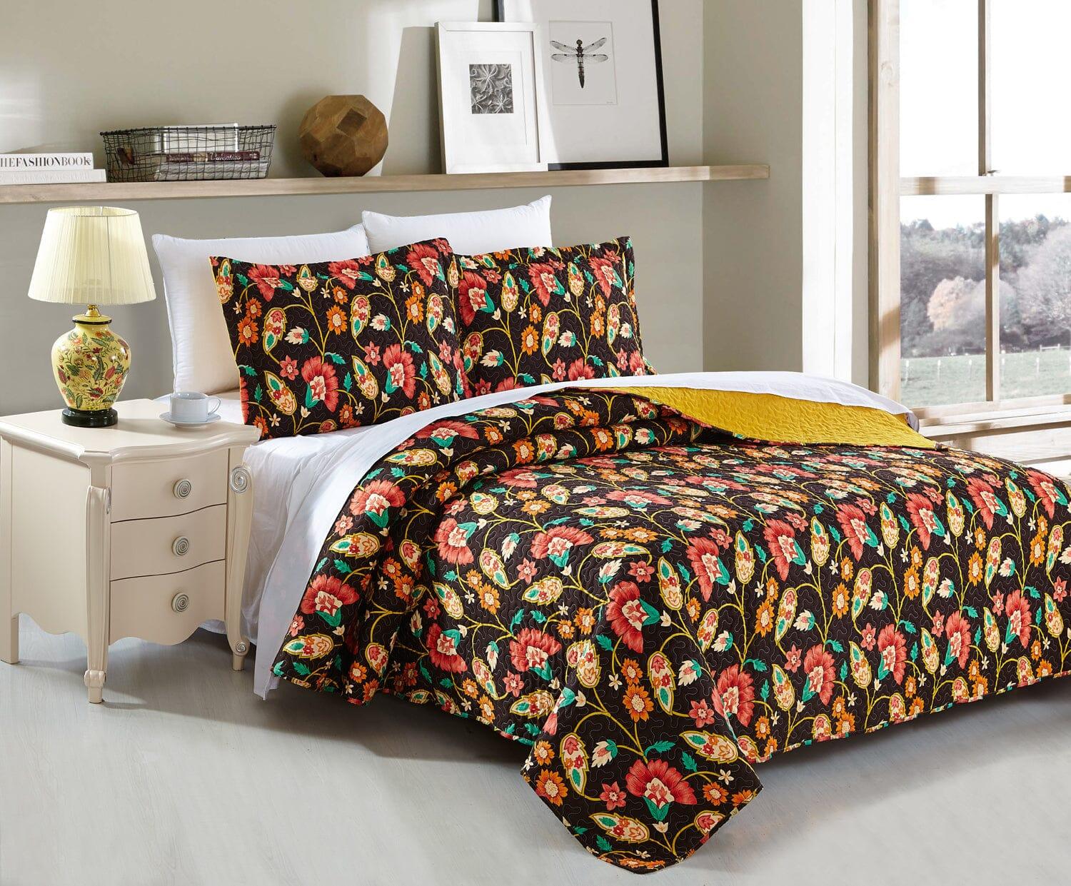 Marigold’s Floral Brown & Yellow Quilted Bedspread Set (HS-3330)