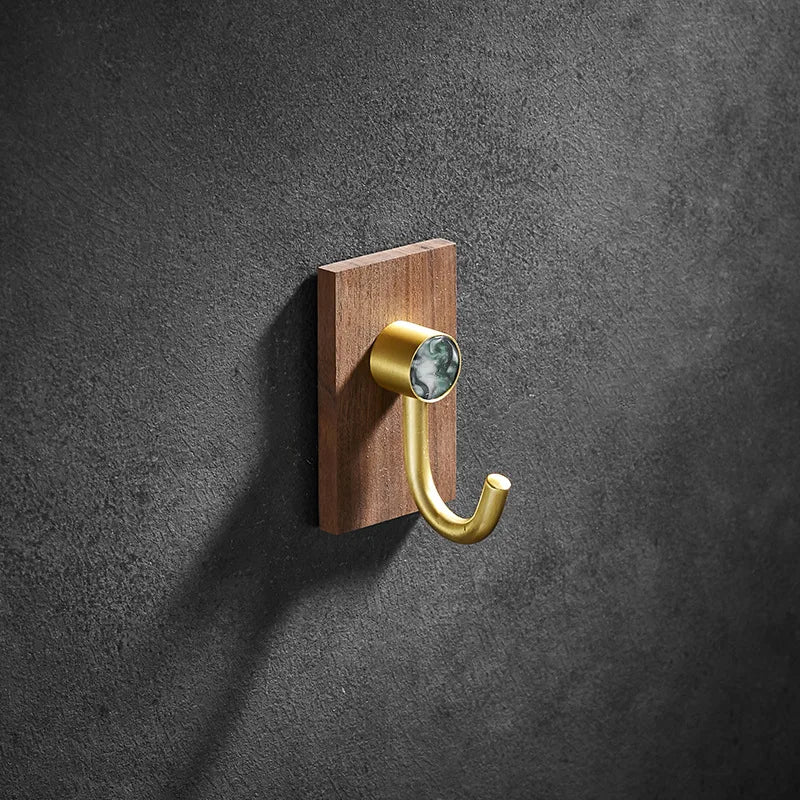 DecorBites™ Brass Brushed Gold Wall Hook for Bathroom and Kitchen with Wood Accent