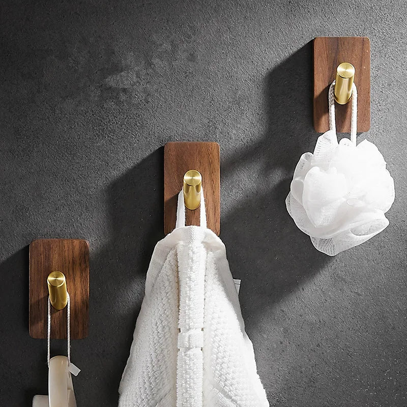 DecorBites™ Brass Brushed Gold Wall Hook for Bathroom and Kitchen with Wood Accent