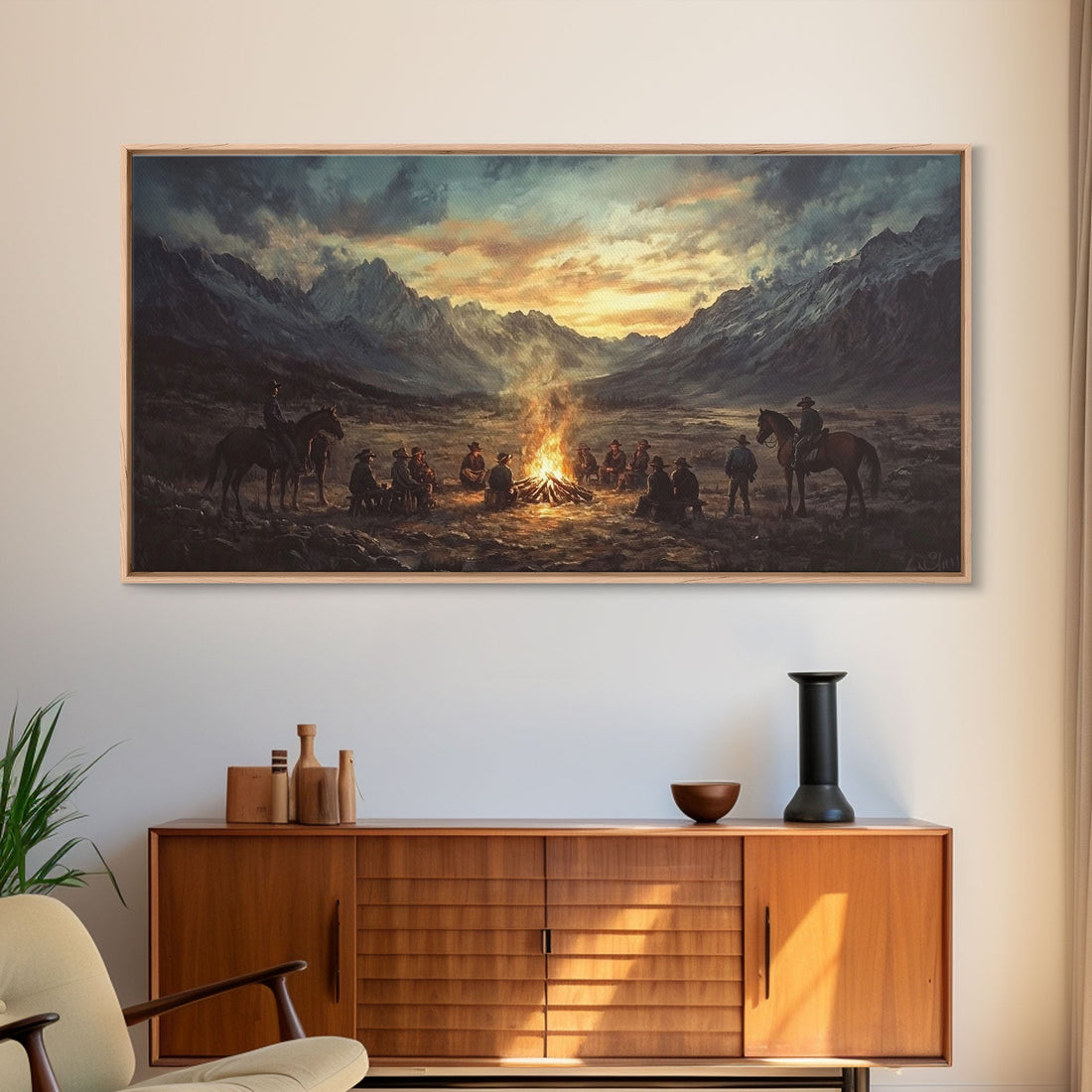Sunset Cowboys Around Campfire – Framed Western Canvas Print