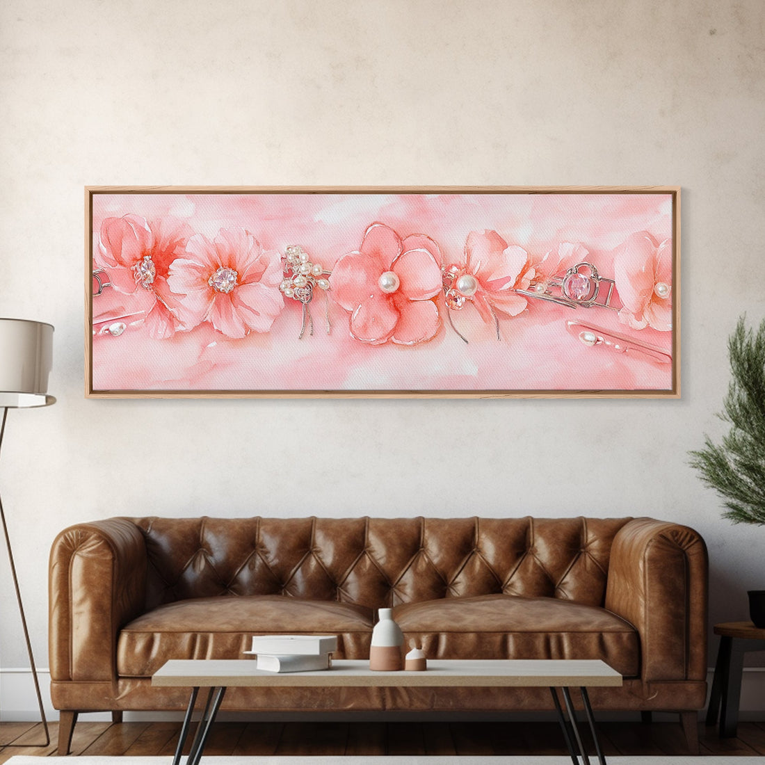 Cherry Blossom Canvas Print with Pearl Accents – Romantic Pink Wall Art